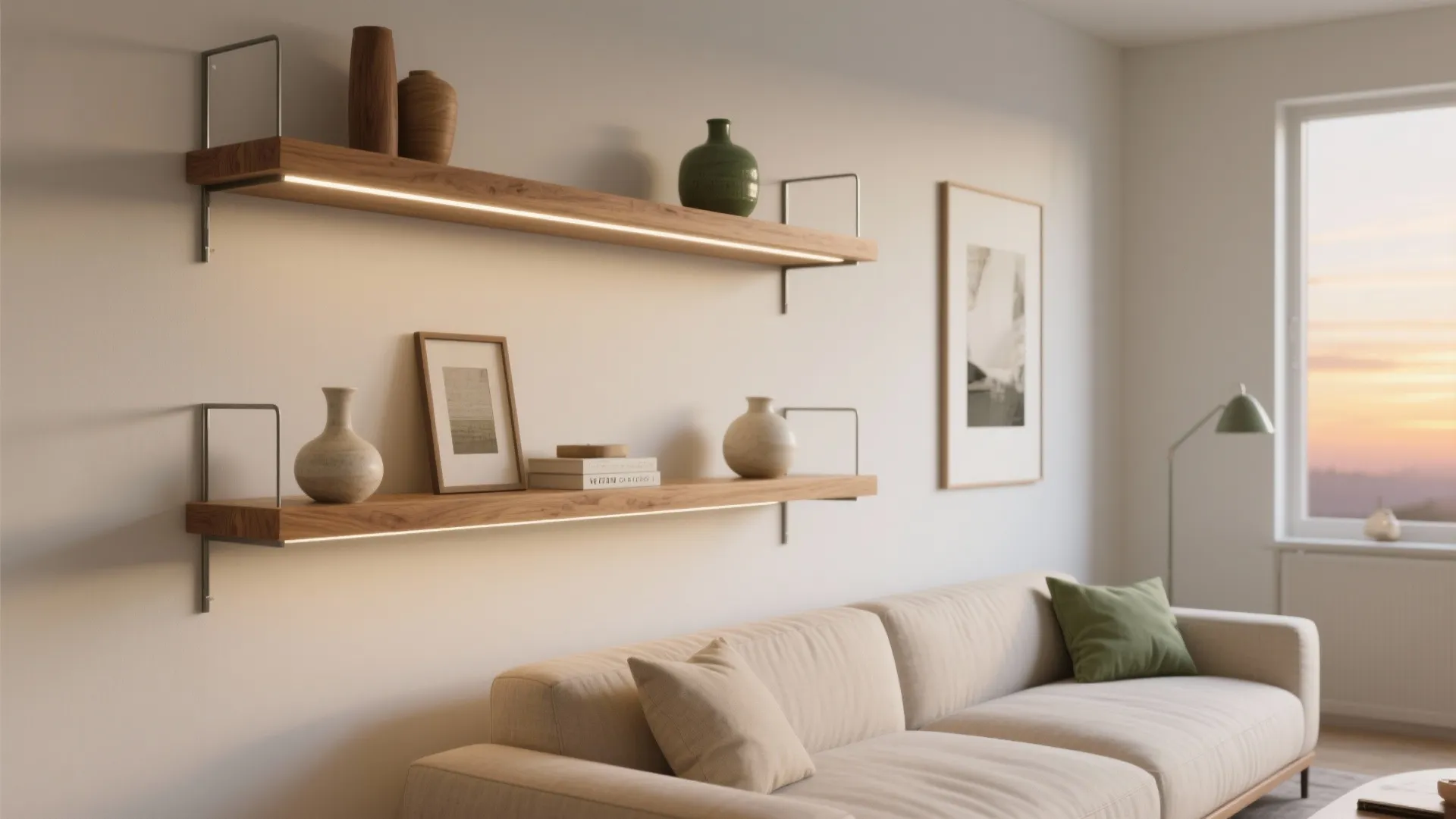 Two wooden floating shelves with built in lights above a beige sofa in living room