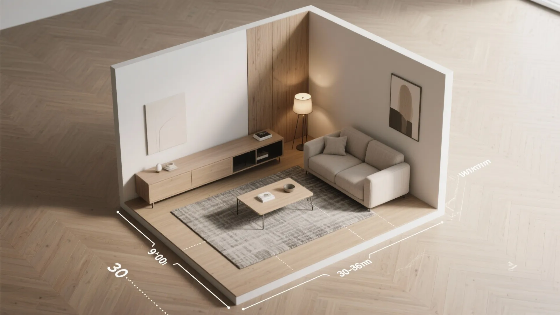 Interior design drawing showing room layout with sofa cabinet floor lamp rug and measurement lines