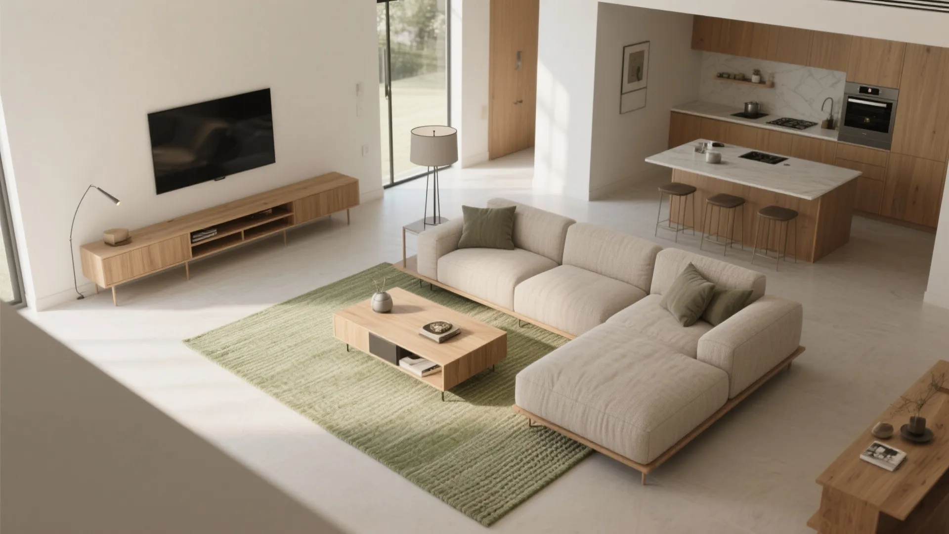 Interior design drawing of an open living room and kitchen with sofa, rug, and island