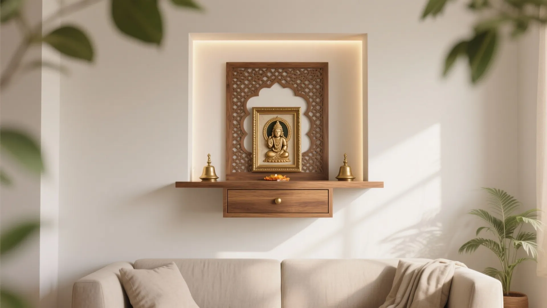 Floating wooden wall shelf with gold statue above a beige sofa in modern white living room