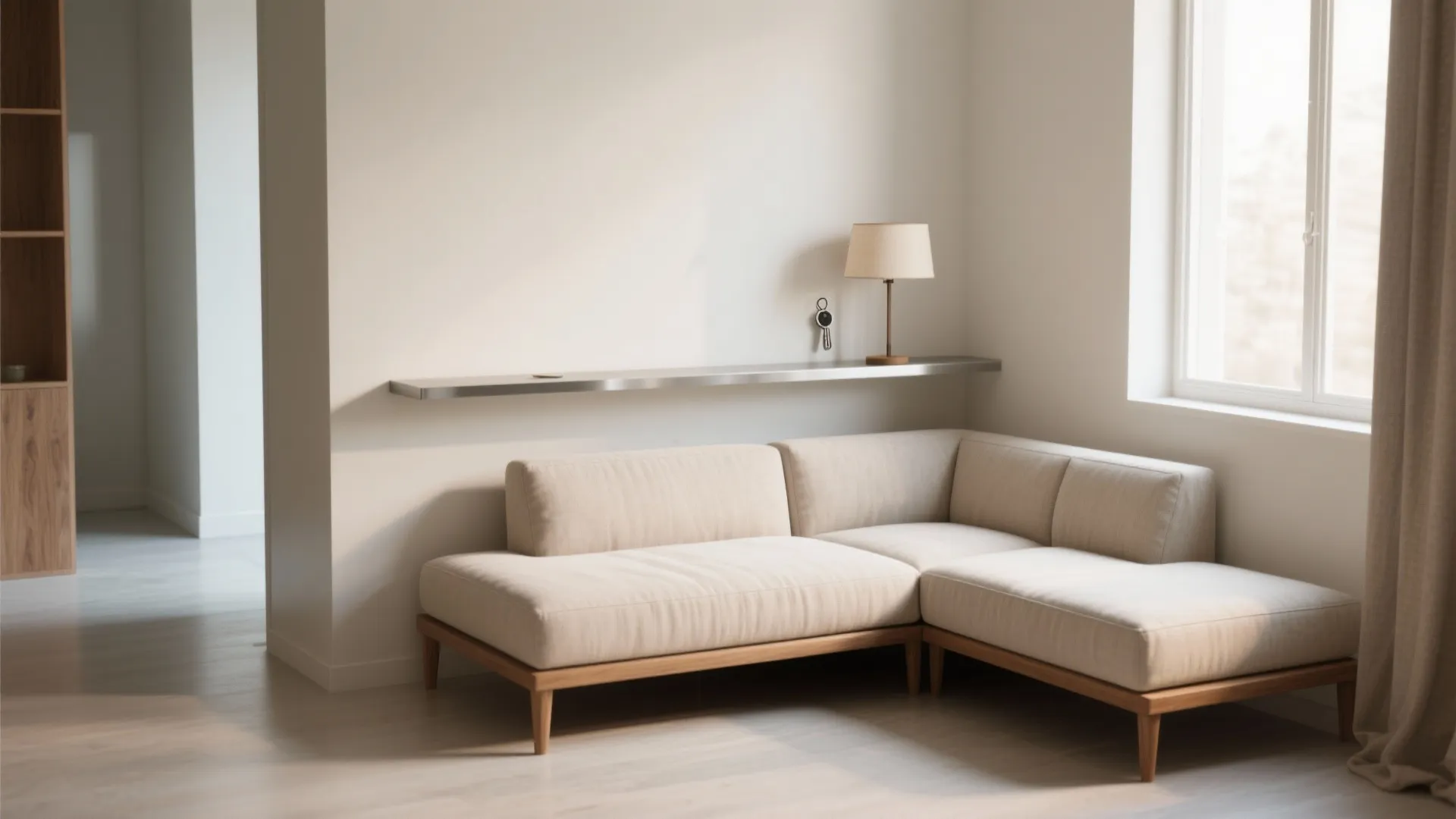 Modern cream sofa in corner with wall shelf table lamp window and natural sunlight effect
