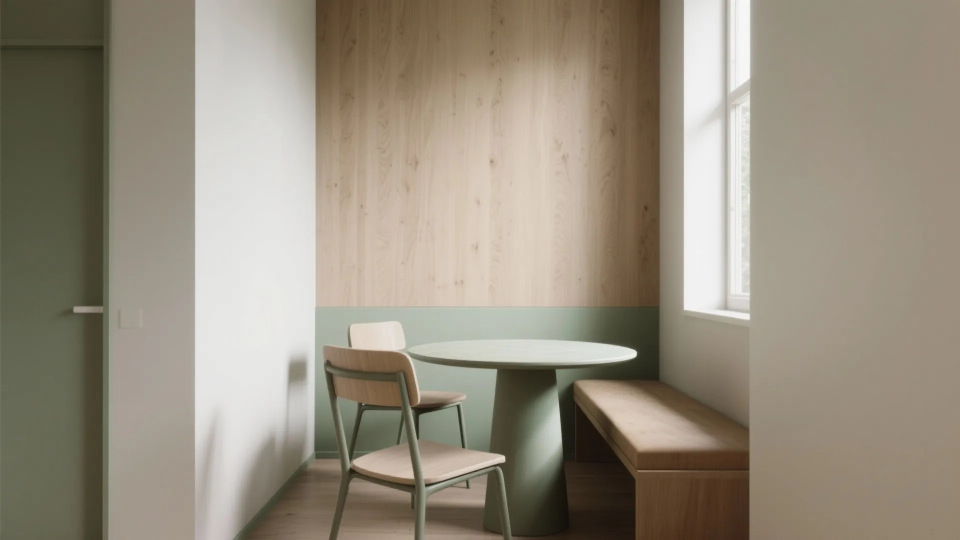 Dining area featuring round green table two wooden chairs wooden bench and light wood wall