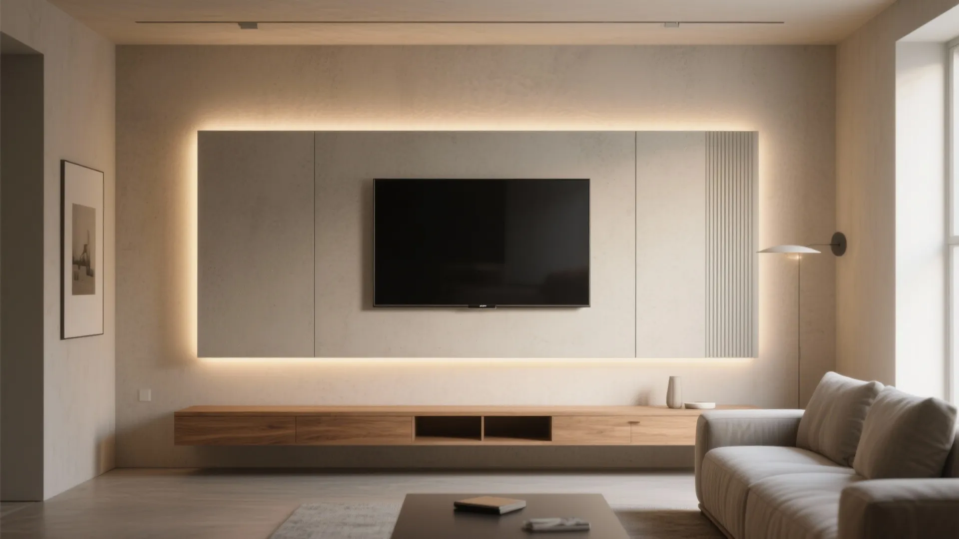 1) Float the TV on a layered panel with hidden light