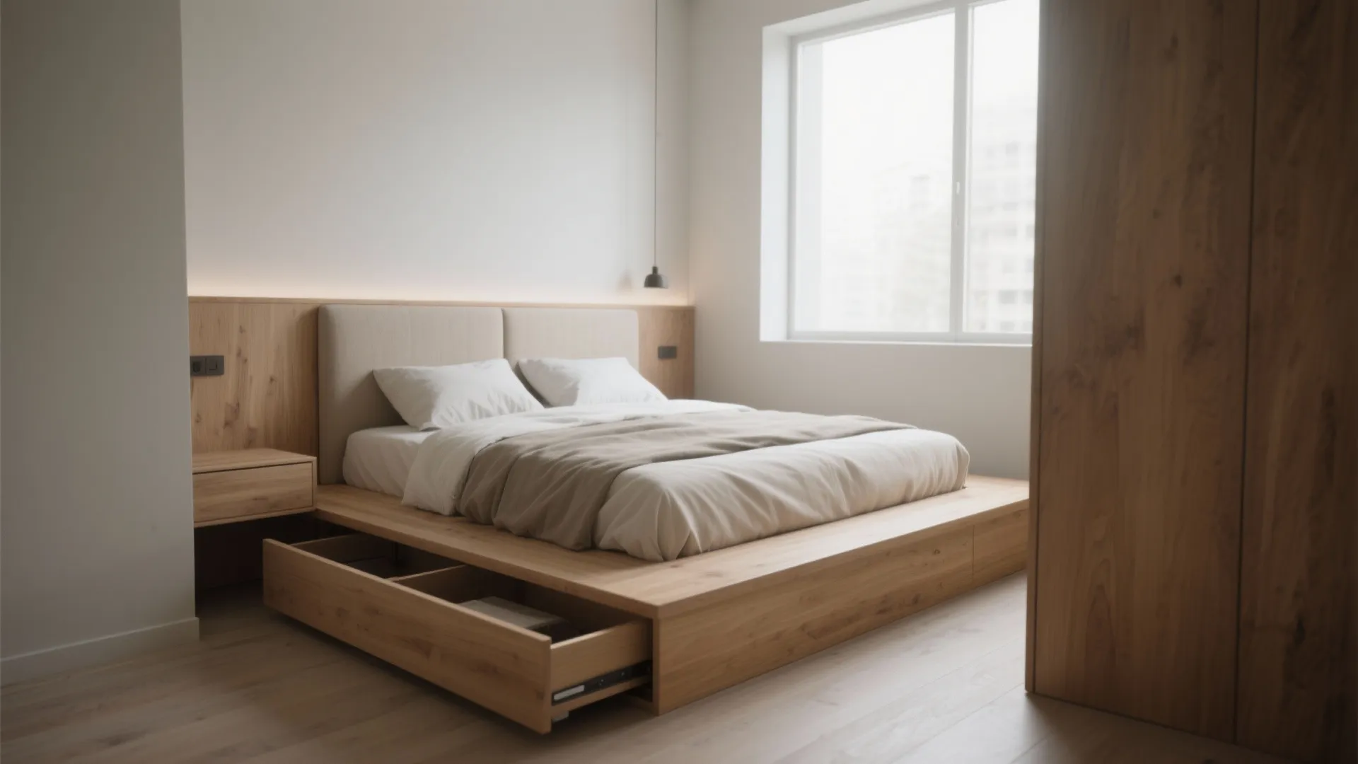 Modern wooden platform bed with open storage drawer beige headboard white walls and large window