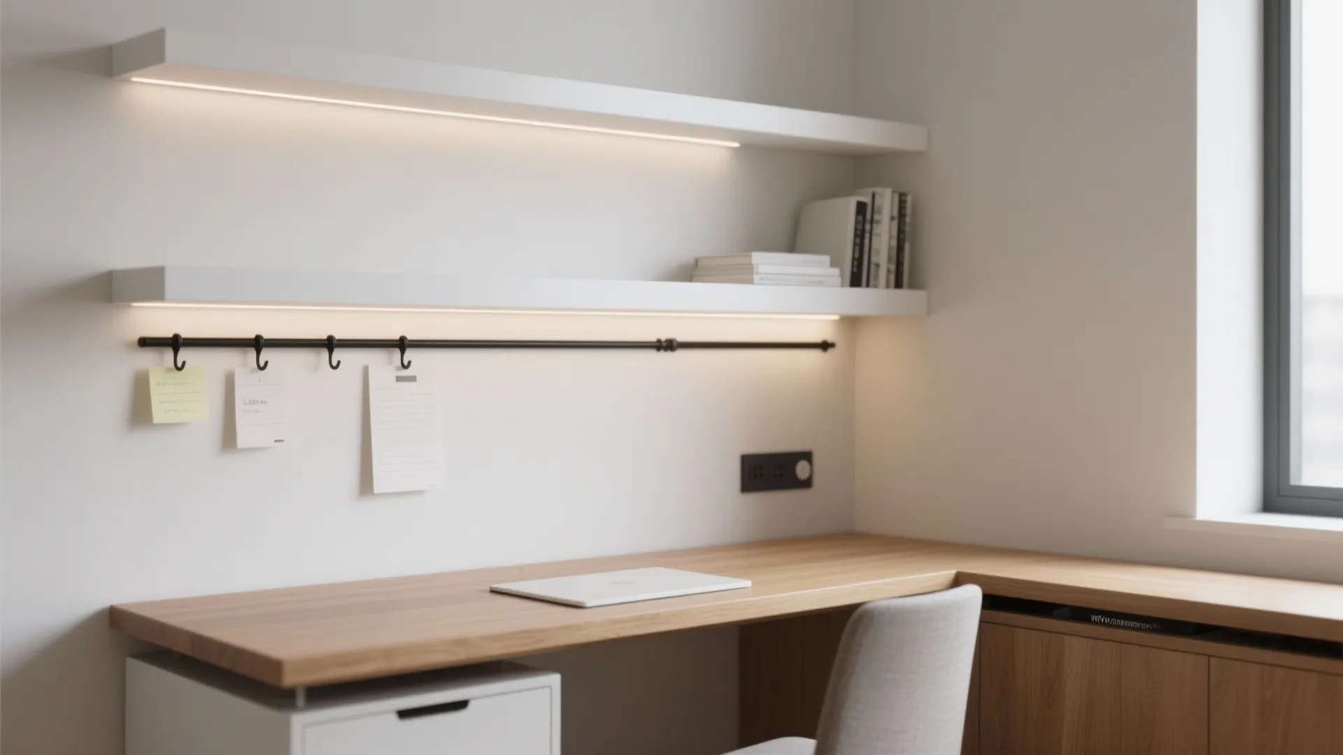 Floating Shelves with Rail Storage Above the Desk