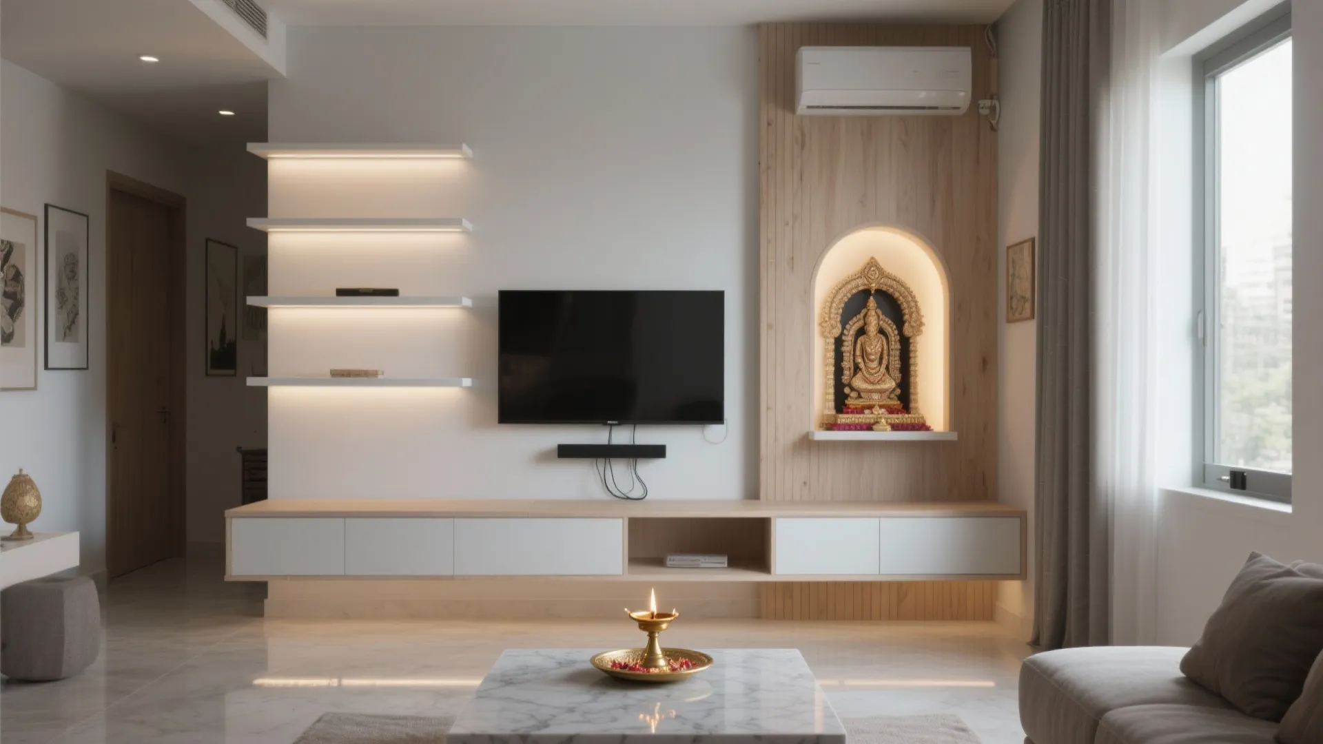 Floating Media Wall with a Recessed Pooja Niche