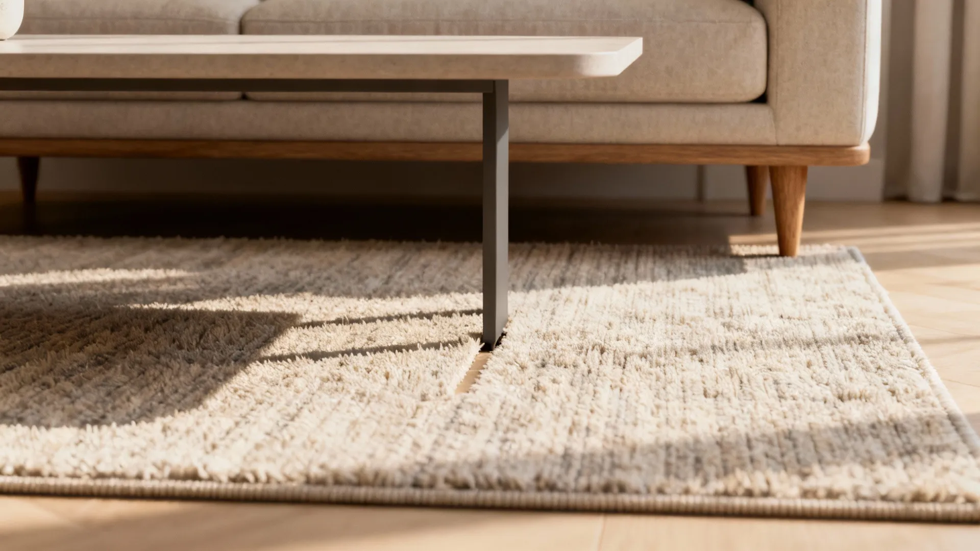 Small living room with a 5x7 rug floating under a low coffee table and sofa legs off the rug