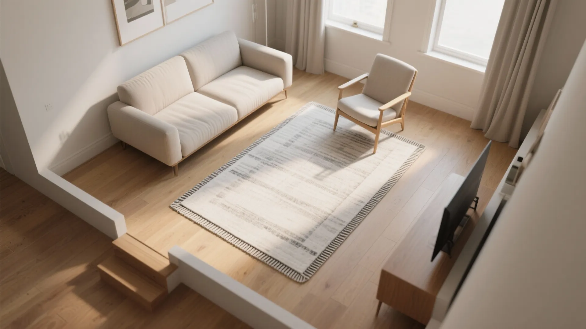 Float the Rug: Keep 8–12 Inches from Walls