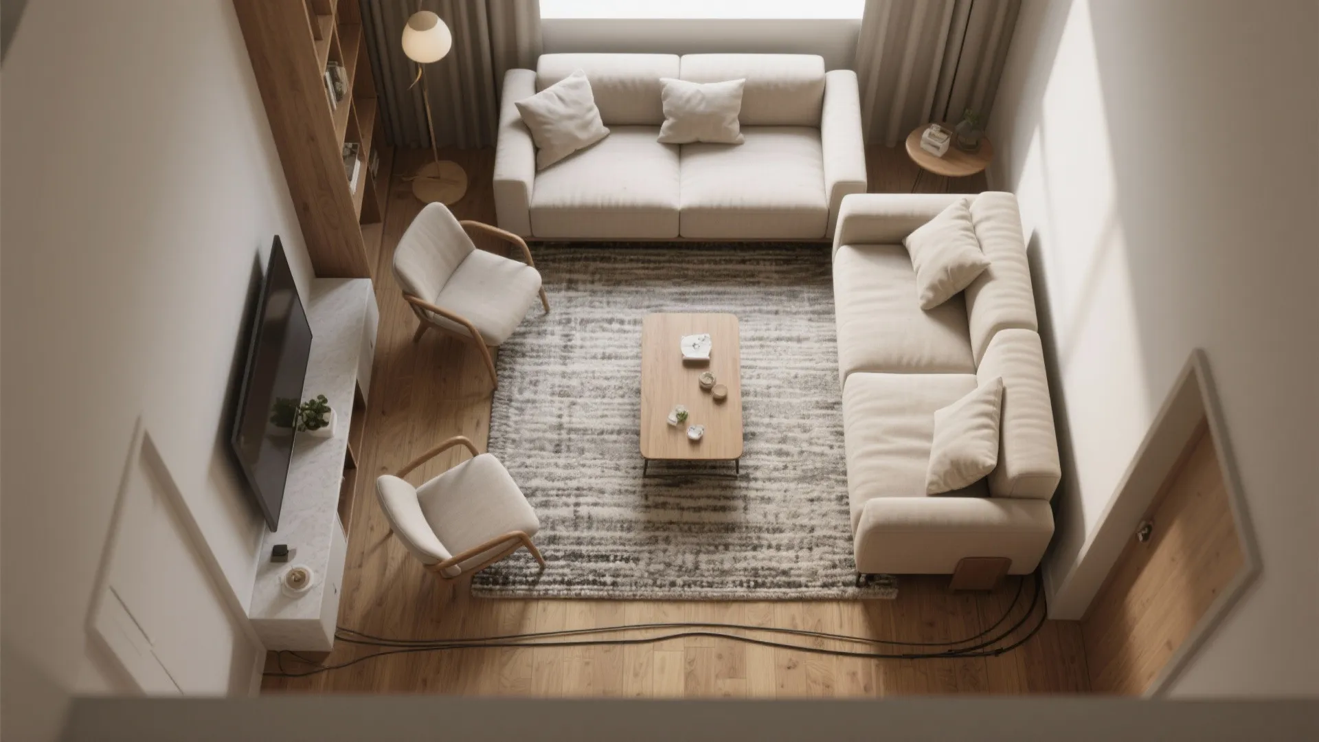 Float your layout with rugs (not walls)