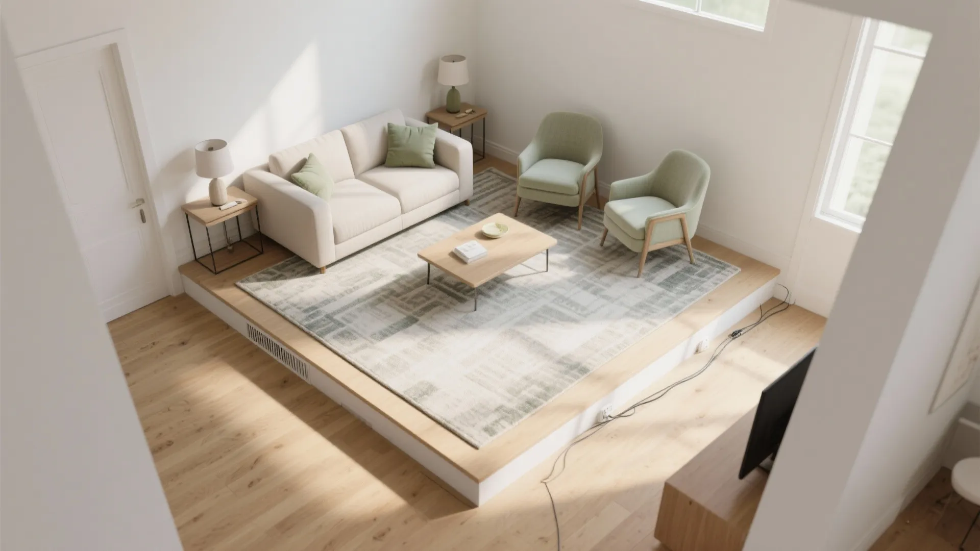 Top view of living room with sofa chairs coffee table and large rug on platform