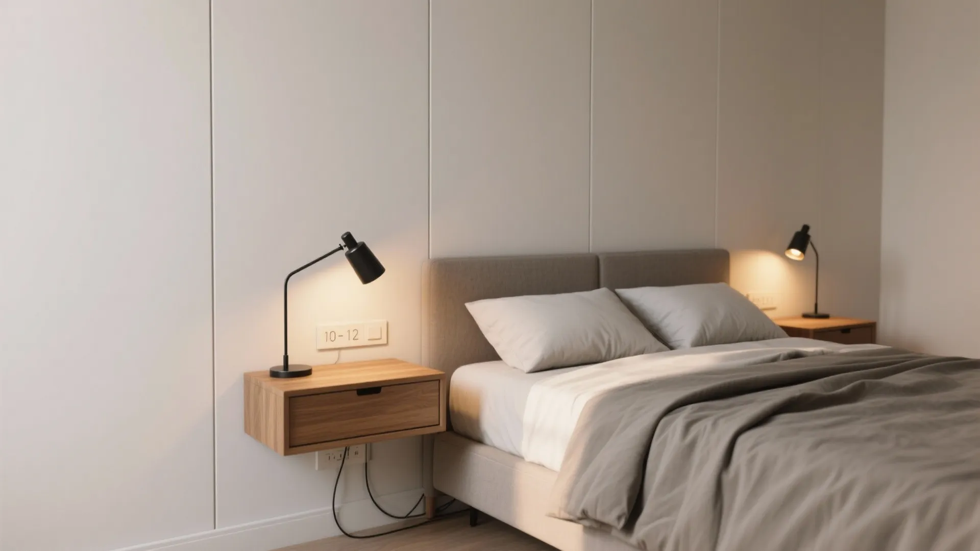 Wall-mounted nightstands and swing-arm sconces