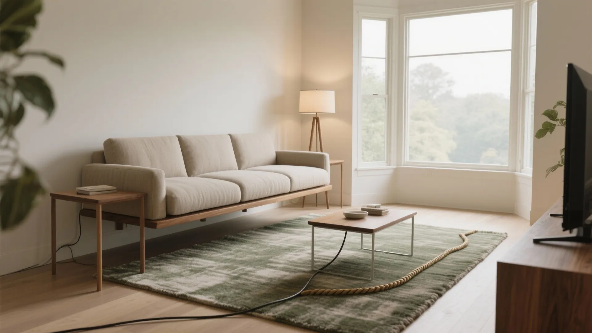 Modern living room with beige sofa green rug wooden coffee table floor lamp and natural light
