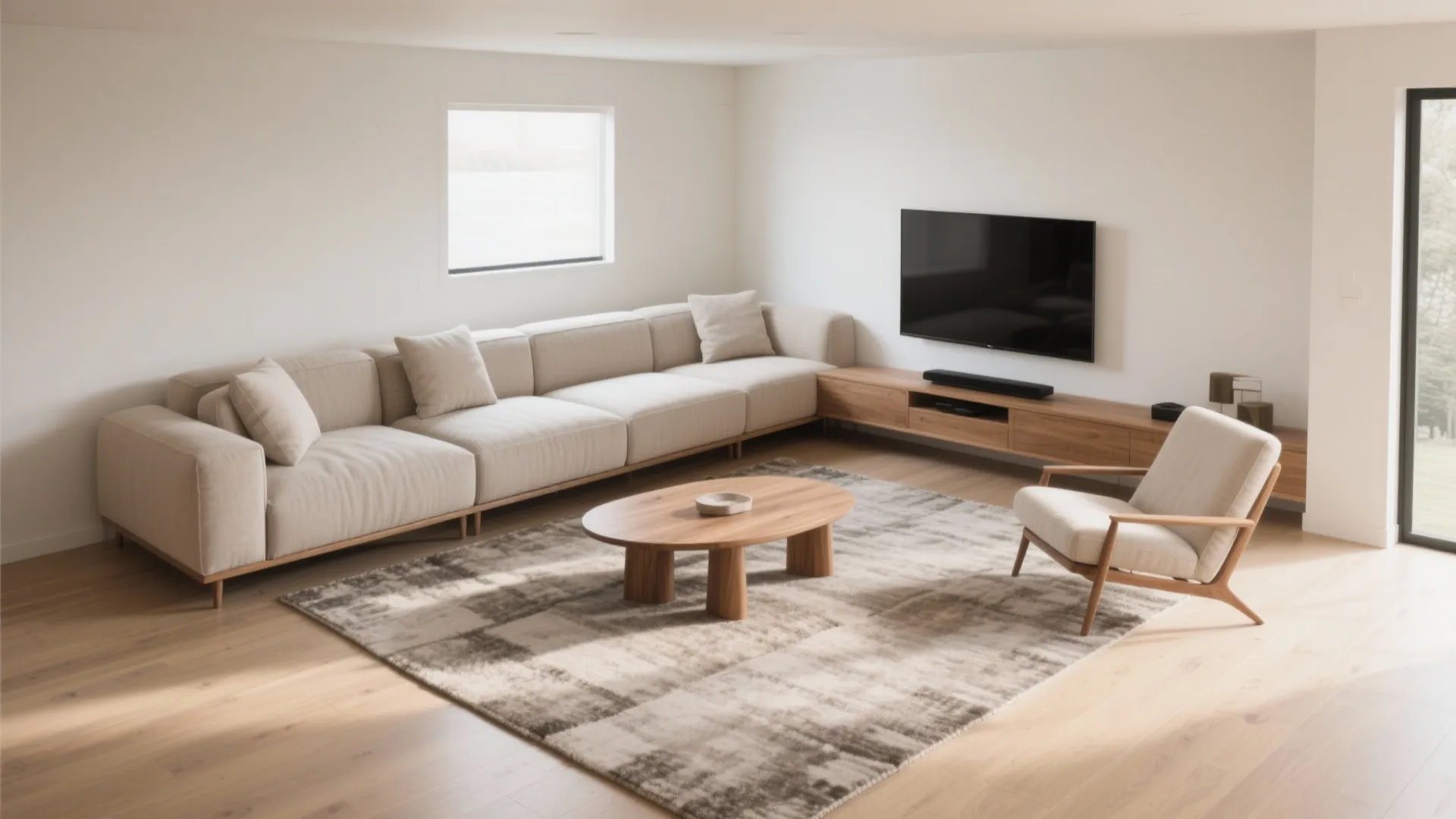 Minimalist living room with long beige sofa wooden coffee table and wall mounted television with window