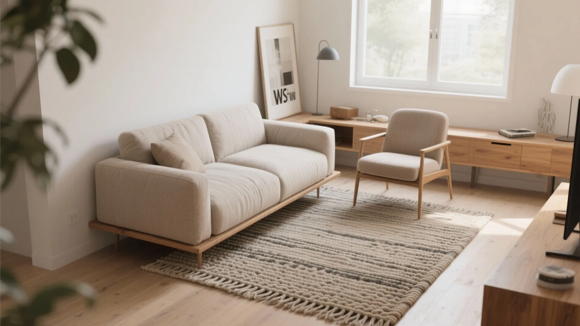 Living room with beige sofa, green velvet chair, wooden coffee table, round footrest, and rug