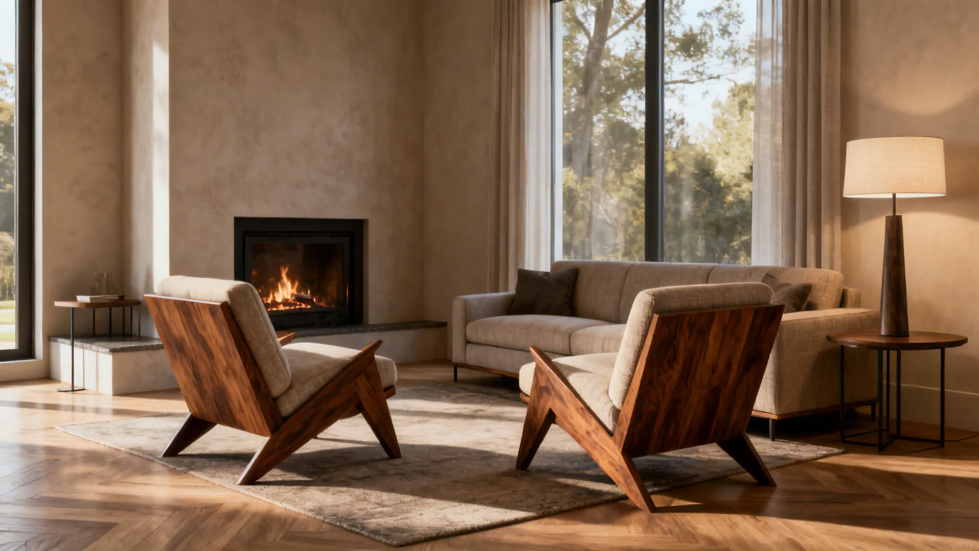 Angled sofa and chairs floated around a corner fireplace forming a cozy conversation area.