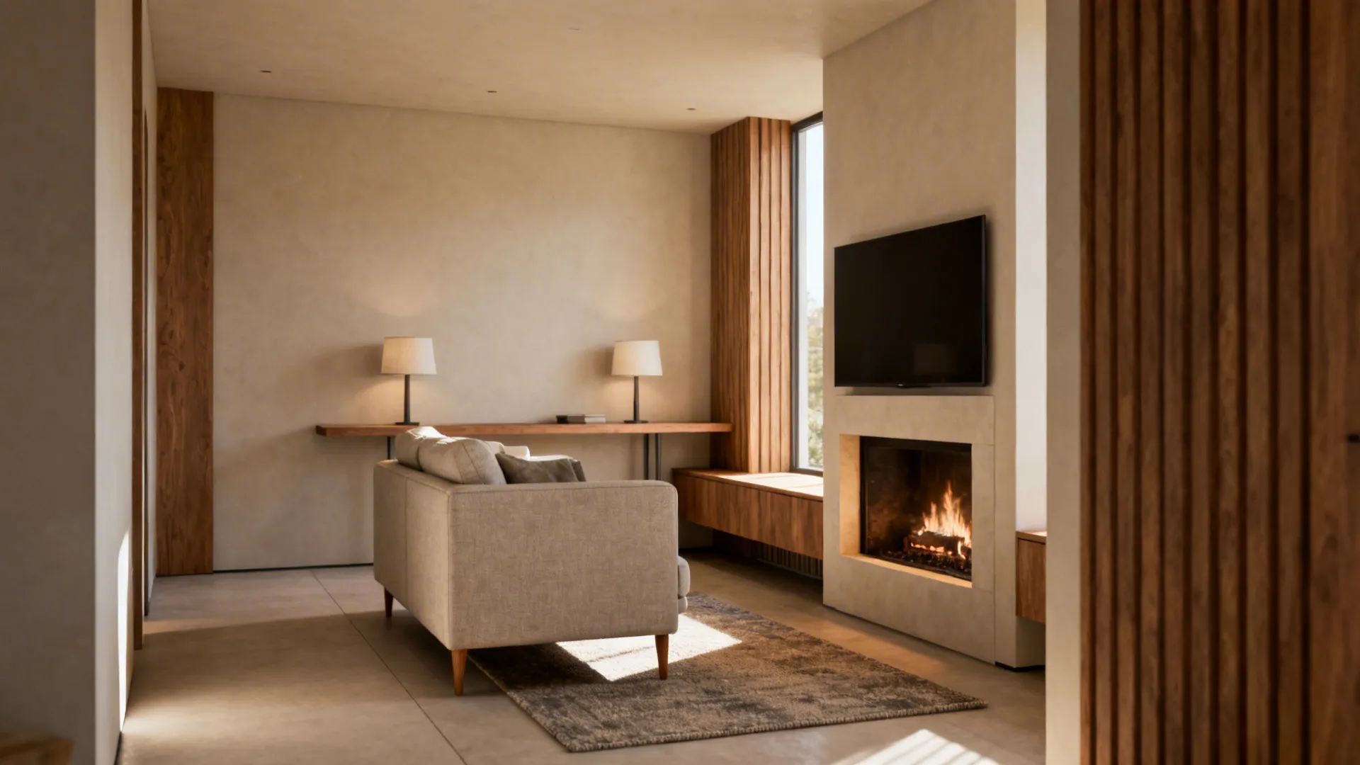 Loveseat floated in front of a media console and fireplace with a narrow console table behind, creating a conversation zone.