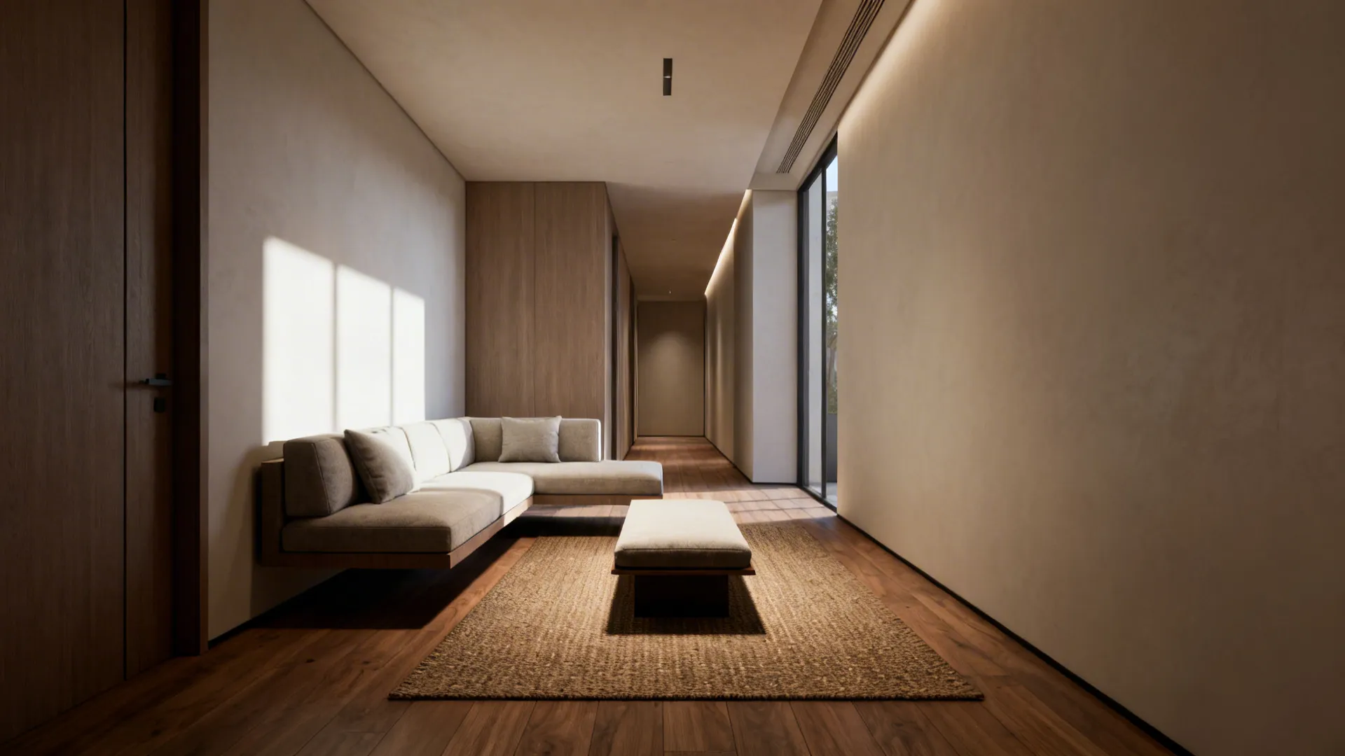 Sofa floated from the wall with slim coffee table, showing walking space and added depth.