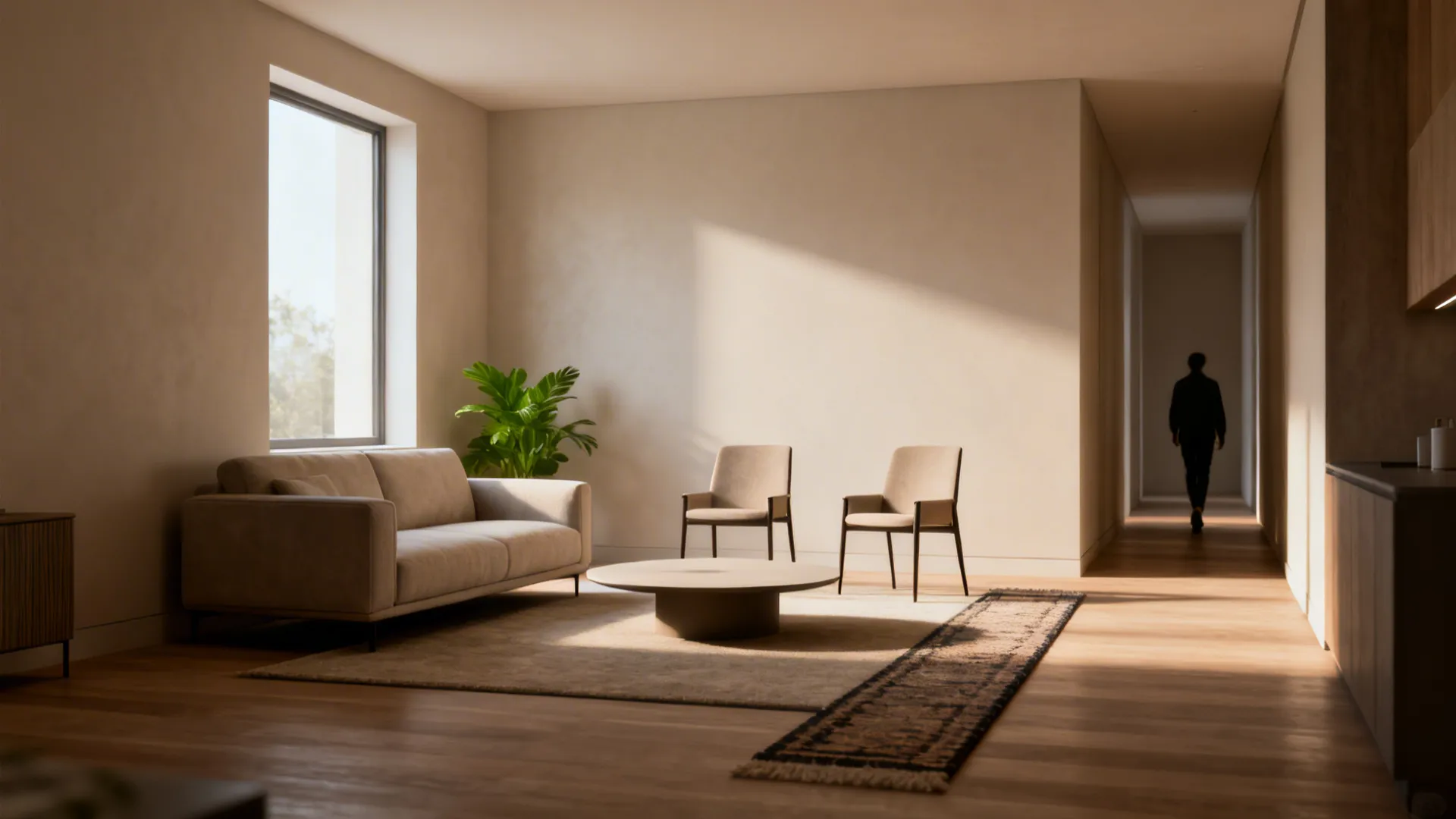 Small living room with a floated sofa and two slim chairs creating a clear circulation path.