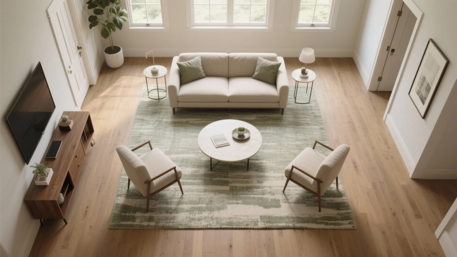 Top view of room layout with beige sofa two armchairs green rug and wooden tv cabinet