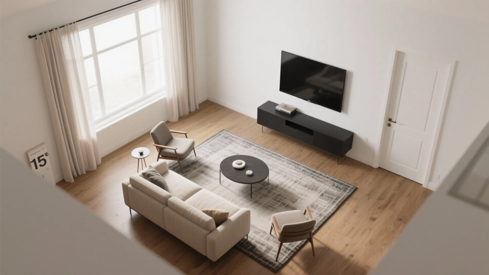 Top view of a modern living room featuring beige sofa black cabinet and large floor windows