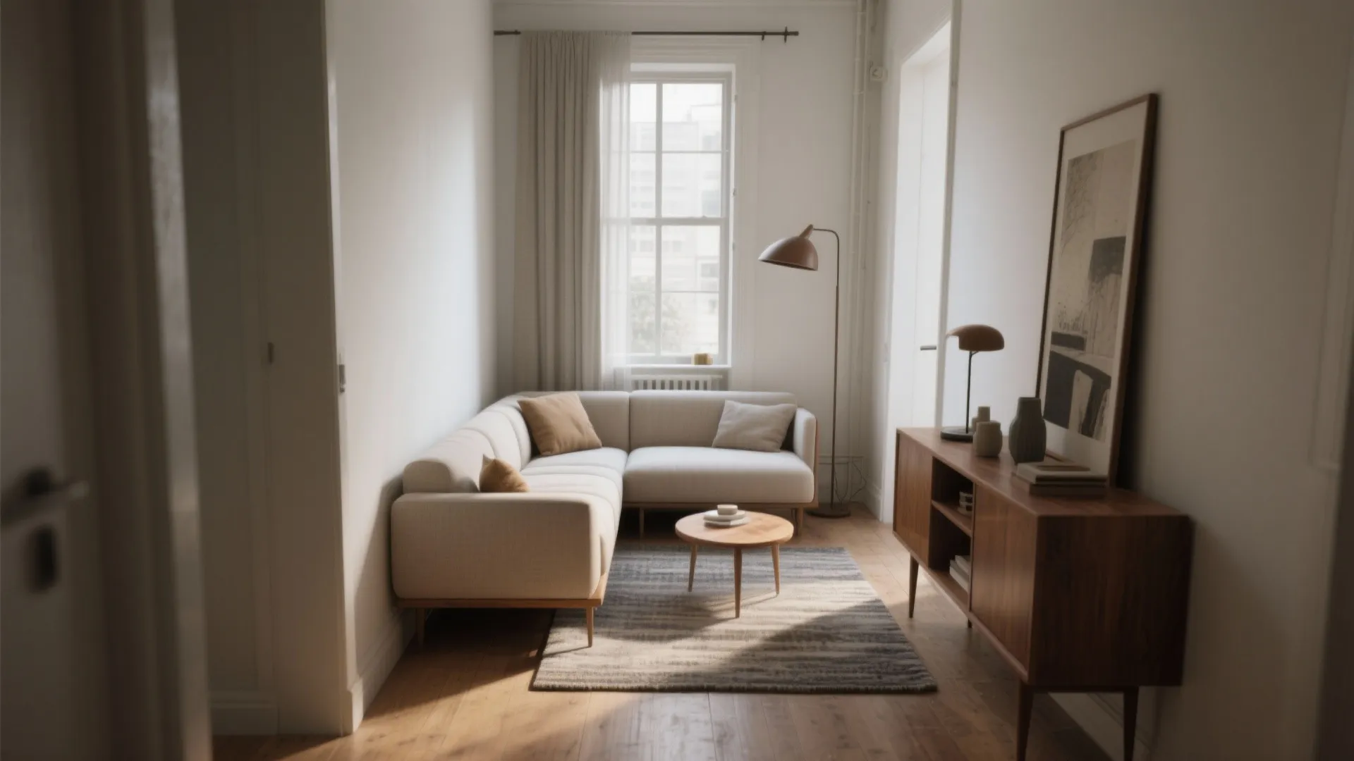 Cozy small living room featuring an l-shaped sofa wooden cabinet round coffee table and floor lamp