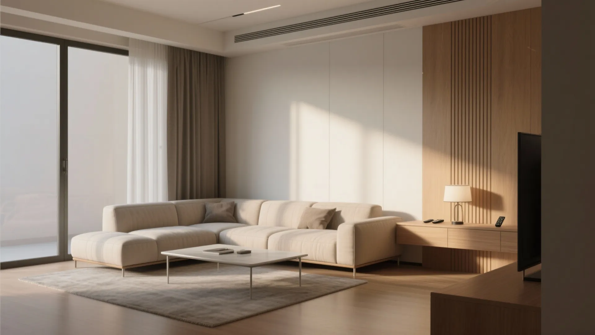 Modern minimal living room with beige sofa coffee table wood wall panel and large windows