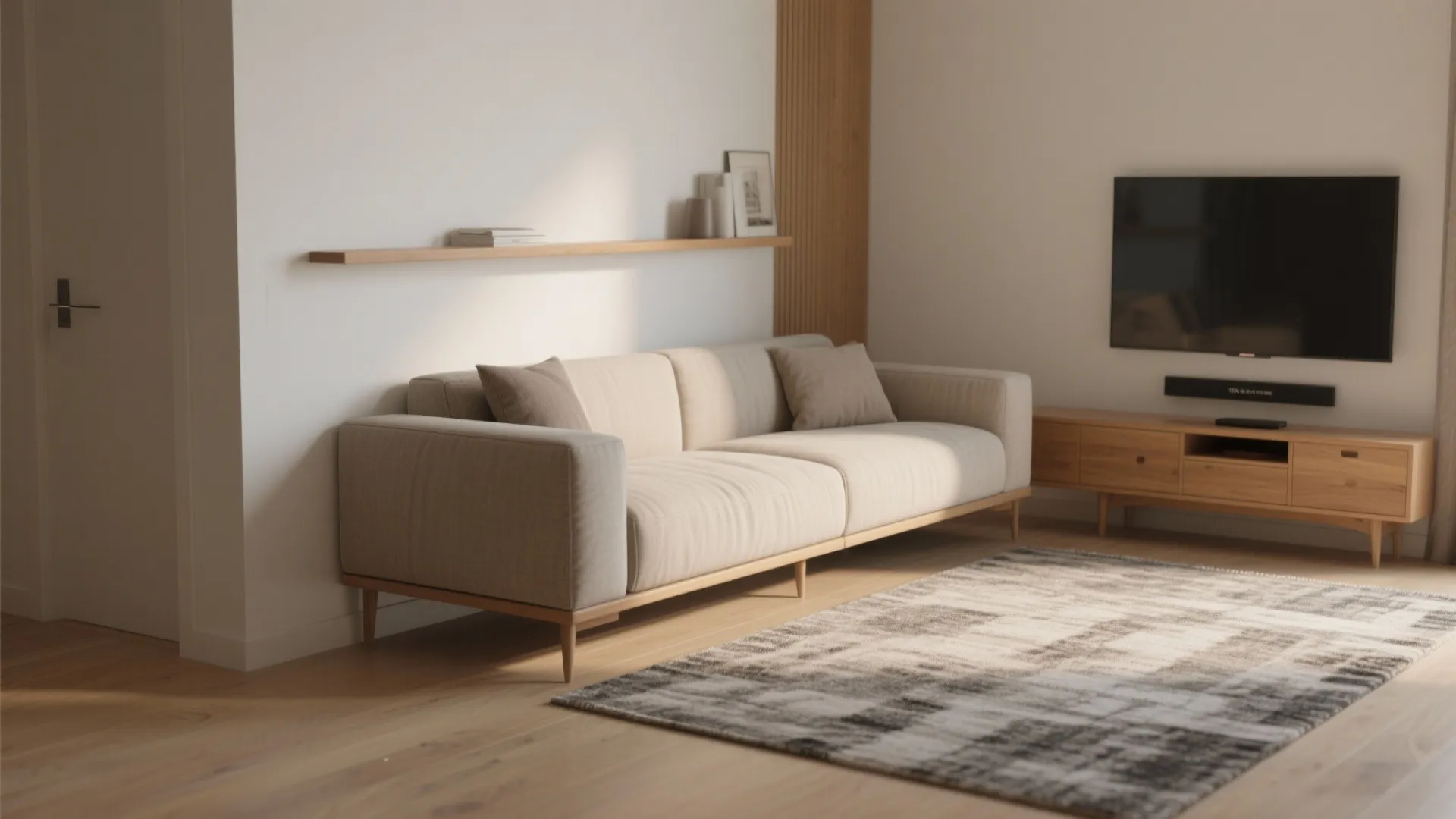 Beige sofa and wooden cabinet with television in a minimalist room with warm natural sunlight