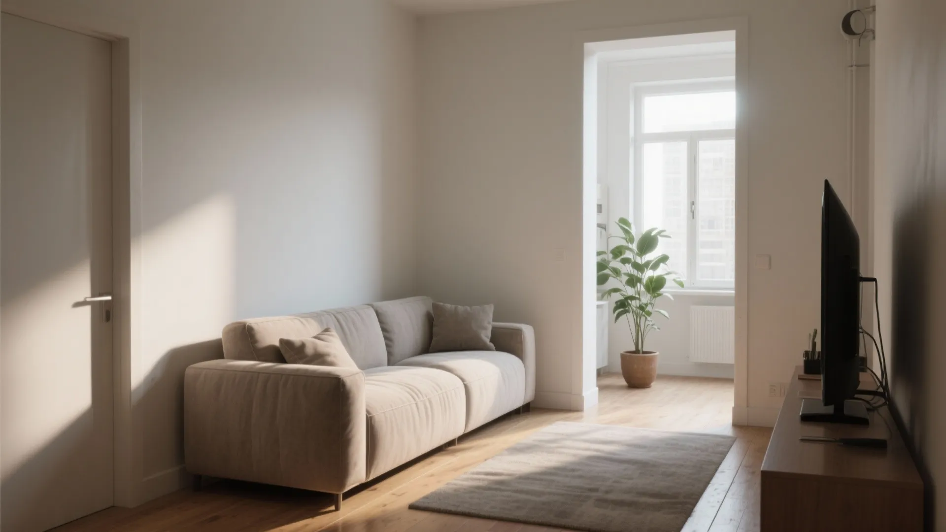 L-shaped sectional pulled away from the wall creating a clear walking corridor and light behind the sofa in a small living room.
