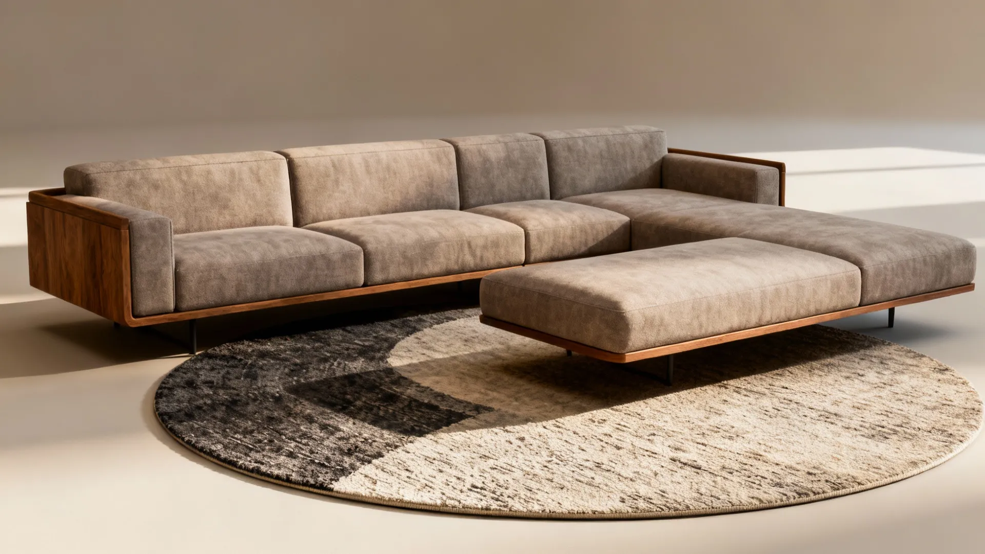 Sectional sofa with a round rug floated slightly in front of the chaise to soften lines.