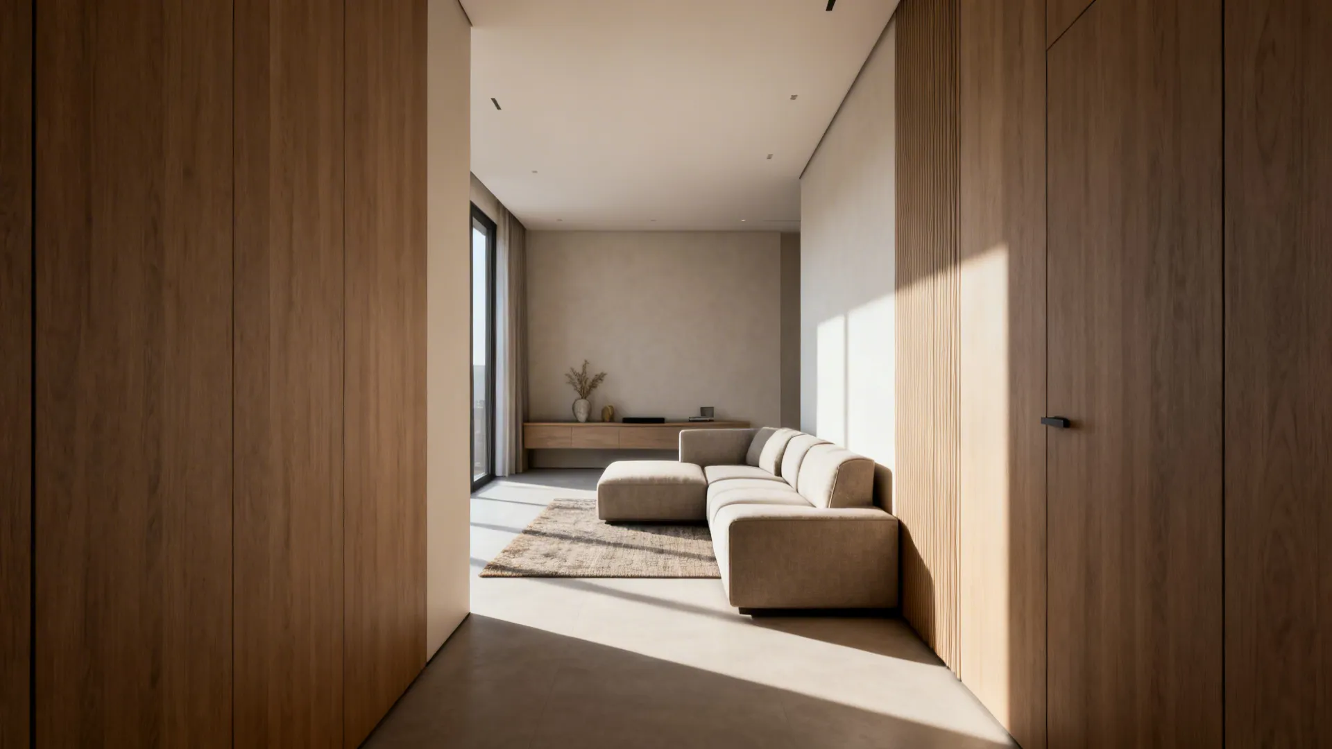 Open-plan living area with a floated sectional creating a walkway and a low console behind it