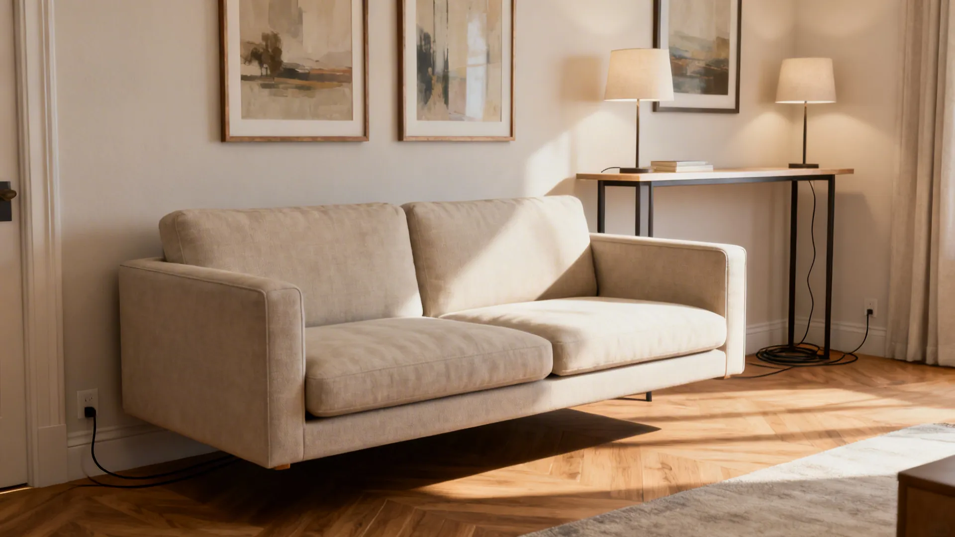 Small sectional floated away from the wall with a slim console and gallery wall, showing clear traffic flow.