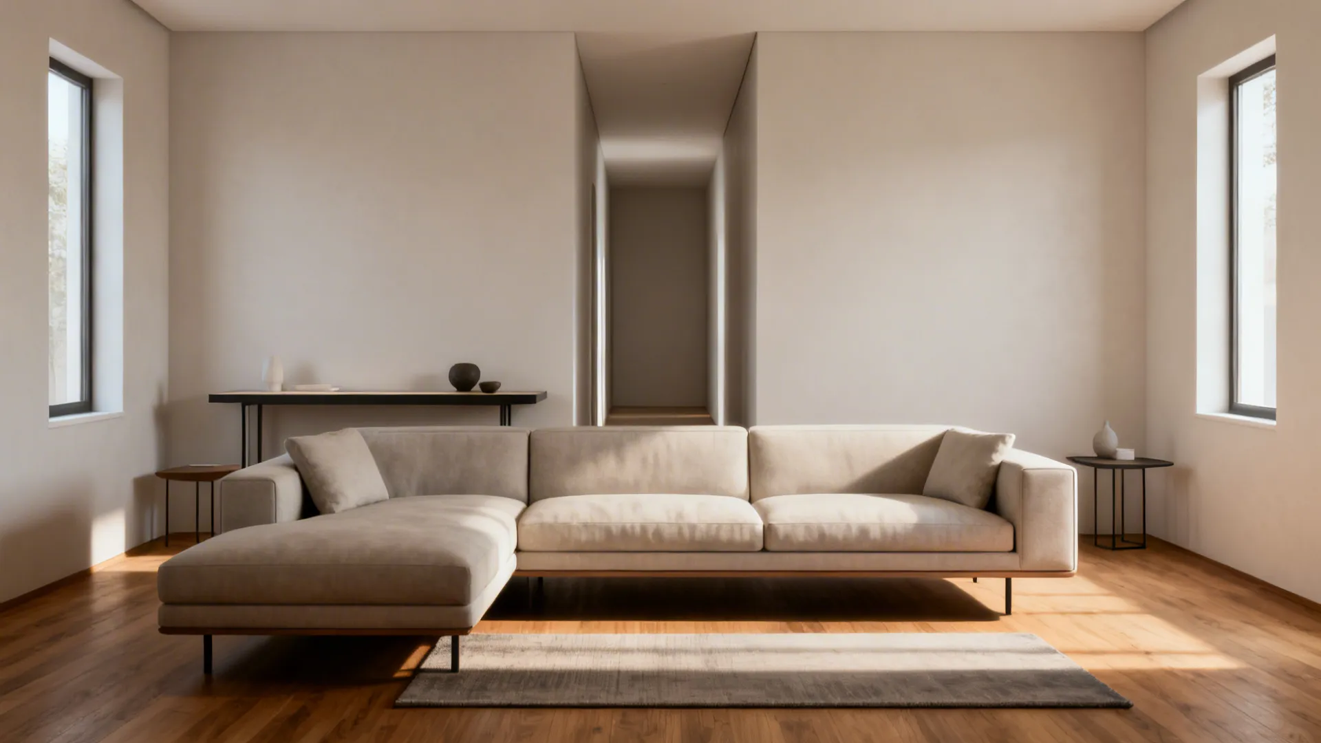 Floated L-shaped sectional creating a conversation area with a low console behind and rug anchoring the layout.