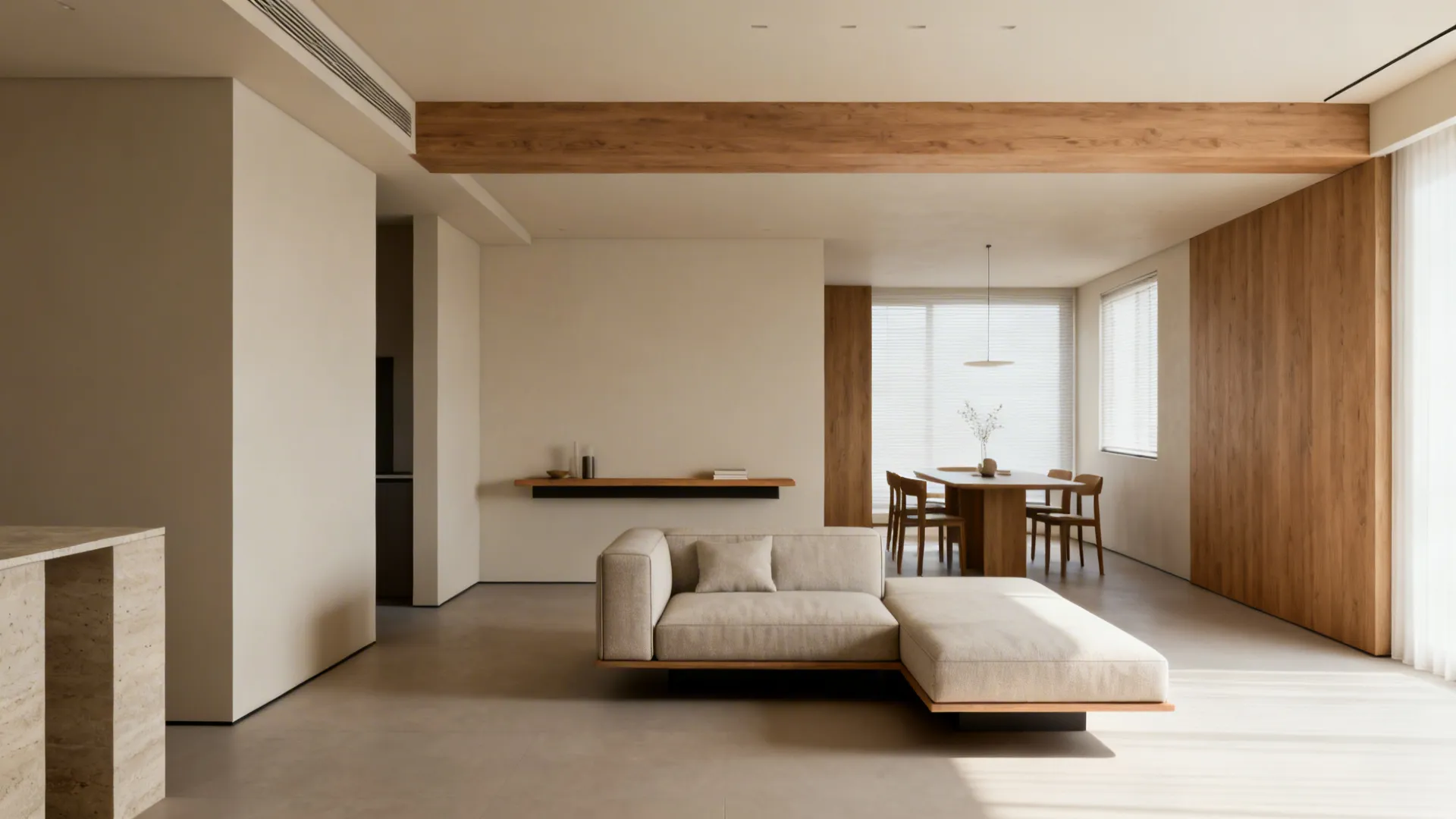 Open-plan room with a floated small sectional creating a subtle visual divider between living and dining areas.