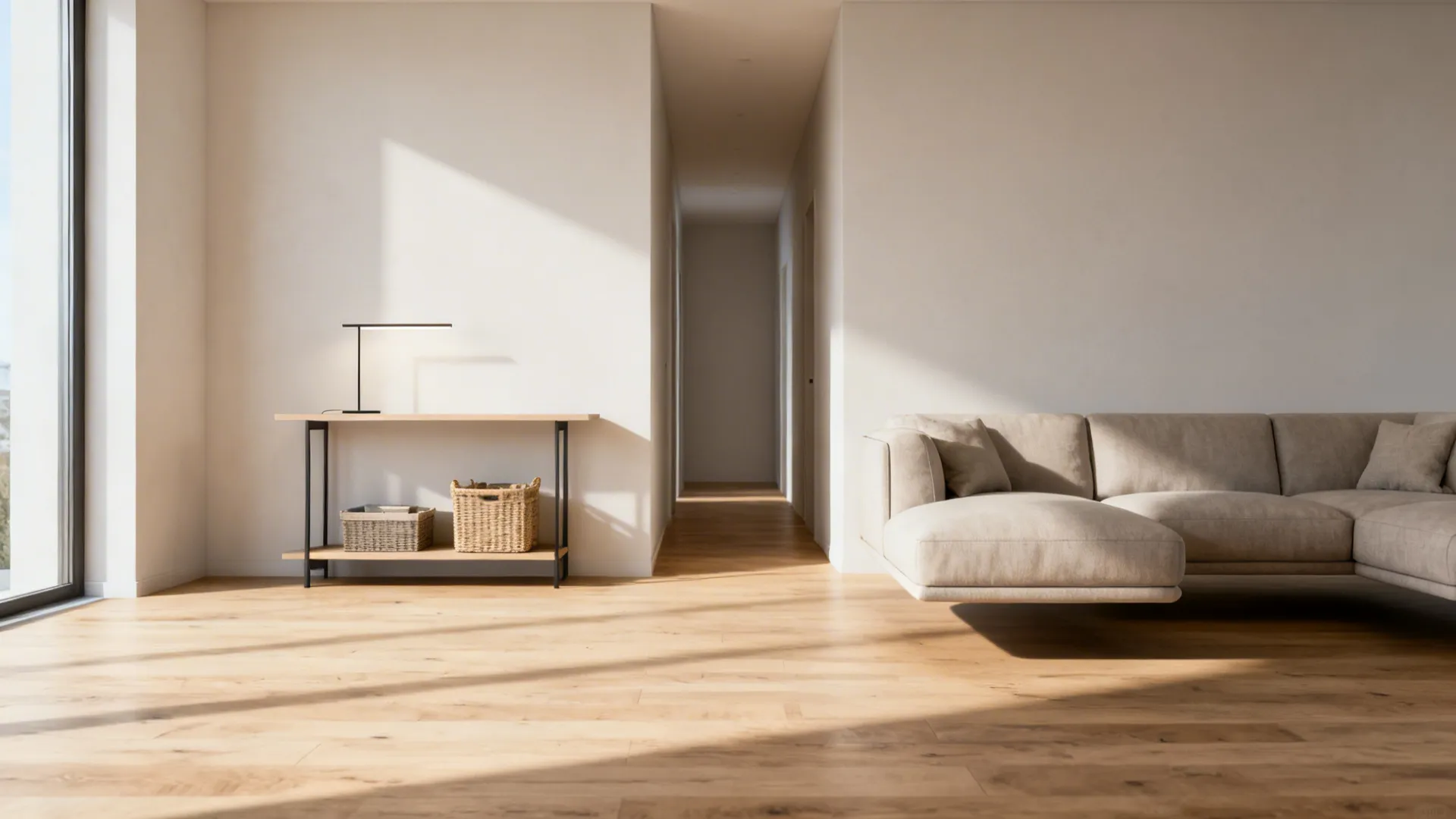 Sectional floated from the wall with a narrow console behind it creating a clear circulation path.