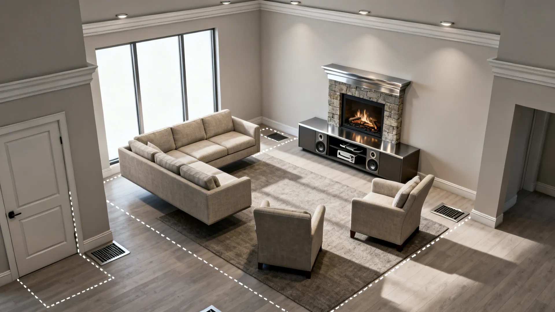 Top-down layout of a floating sectional creating a circulation path behind it with a fireplace focal point.