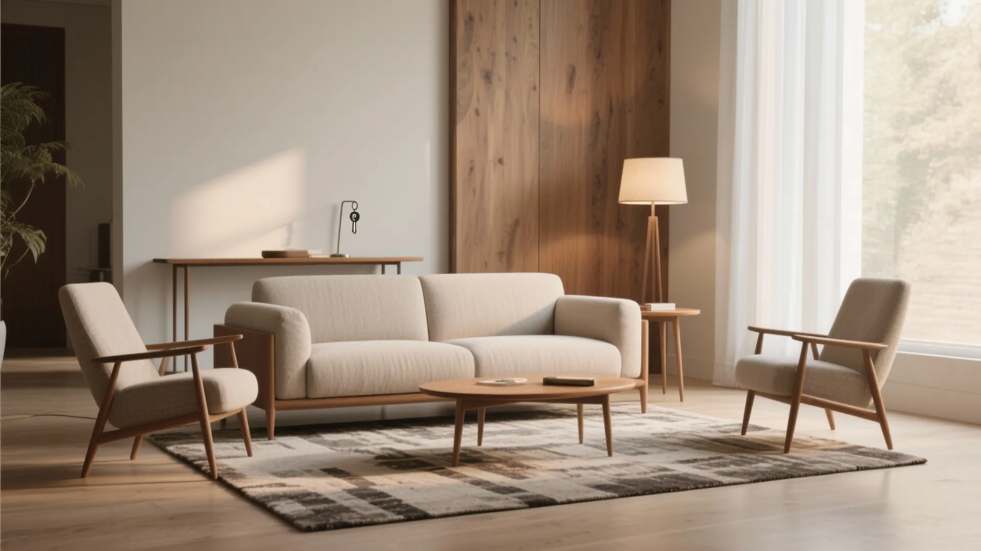 Conversation zone with a floated sofa and two chairs, slim console behind sofa.