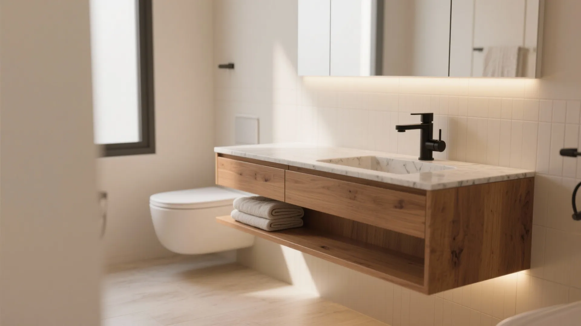 Floating Vanity + Open Shelf