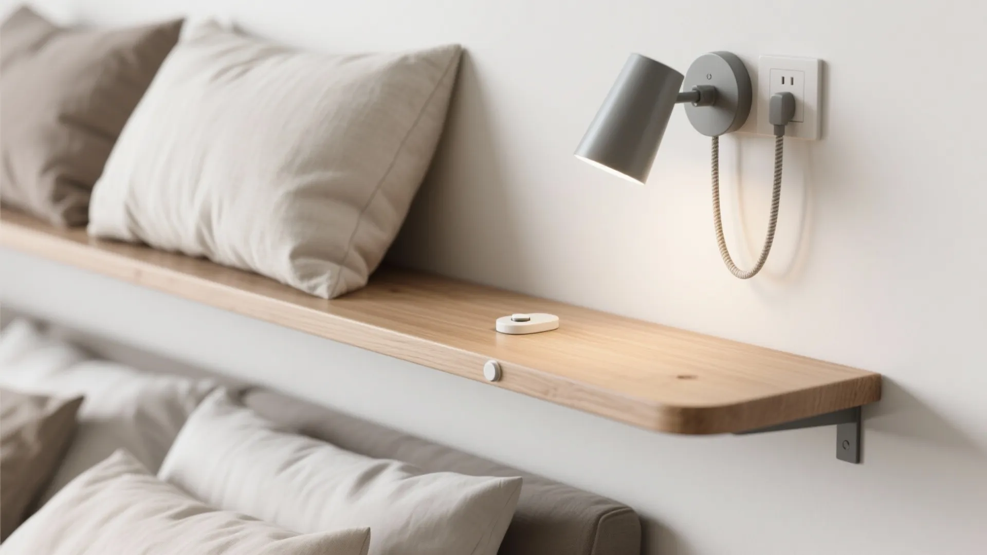 Macro of a floating shelf and plug-in sconce with cord cover above a corner bed.