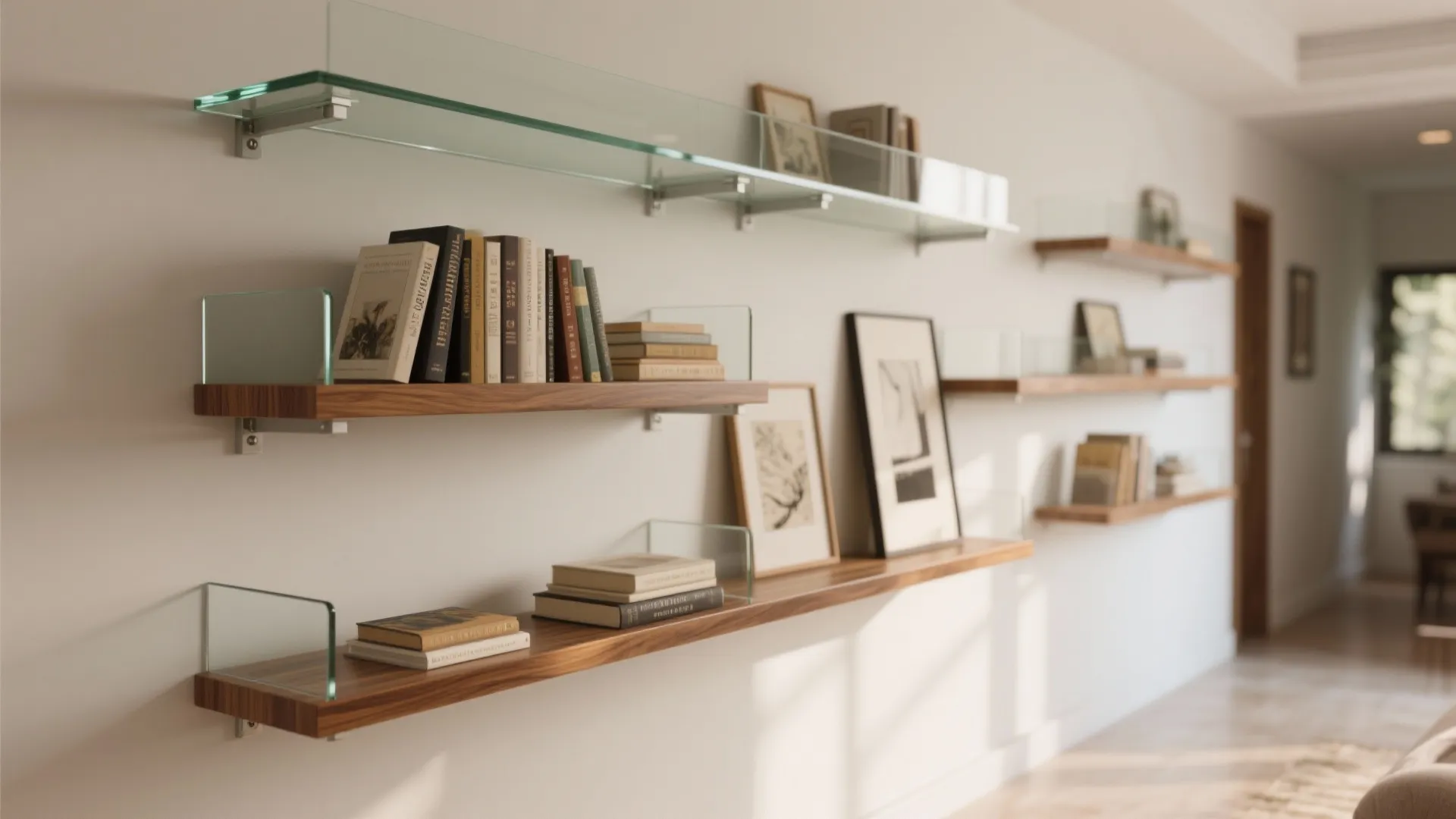 Floating Shelves with Back-Painted Glass and Veneer