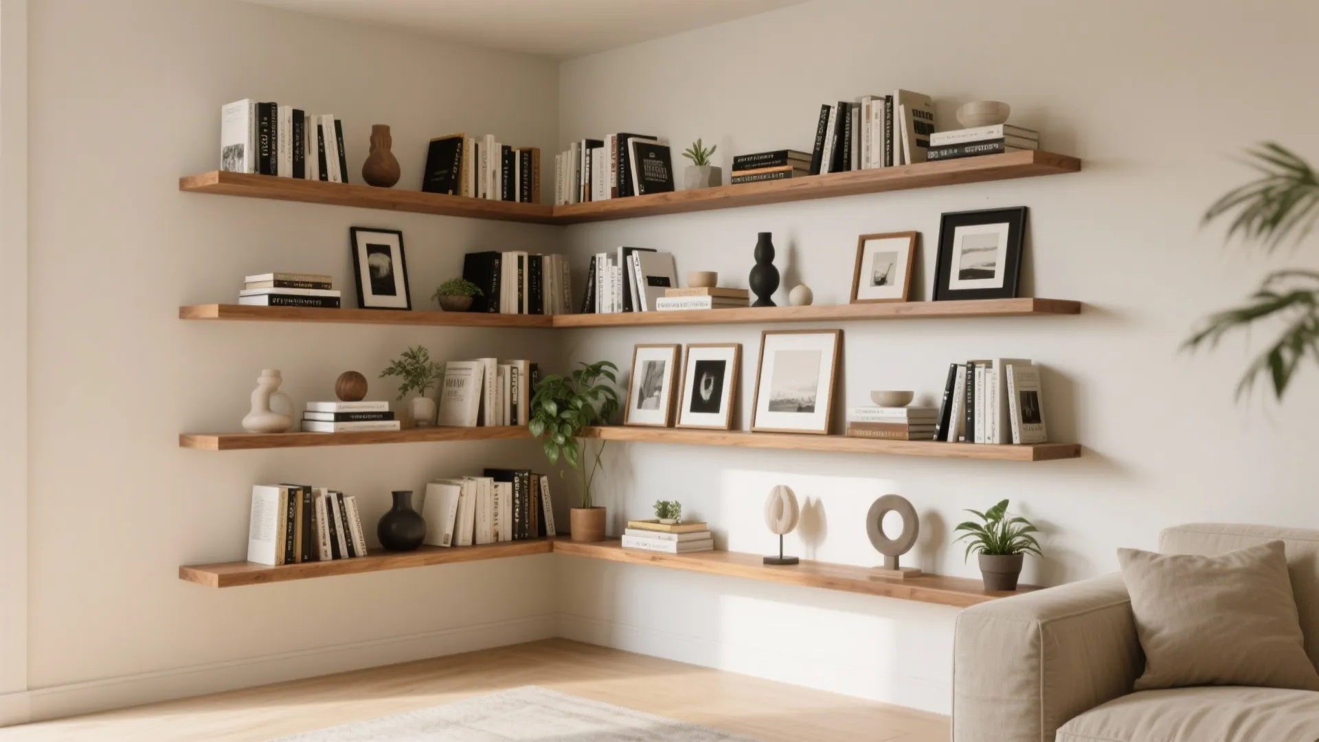 Four rows of wooden corner wall shelves with books small green plants and framed pictures