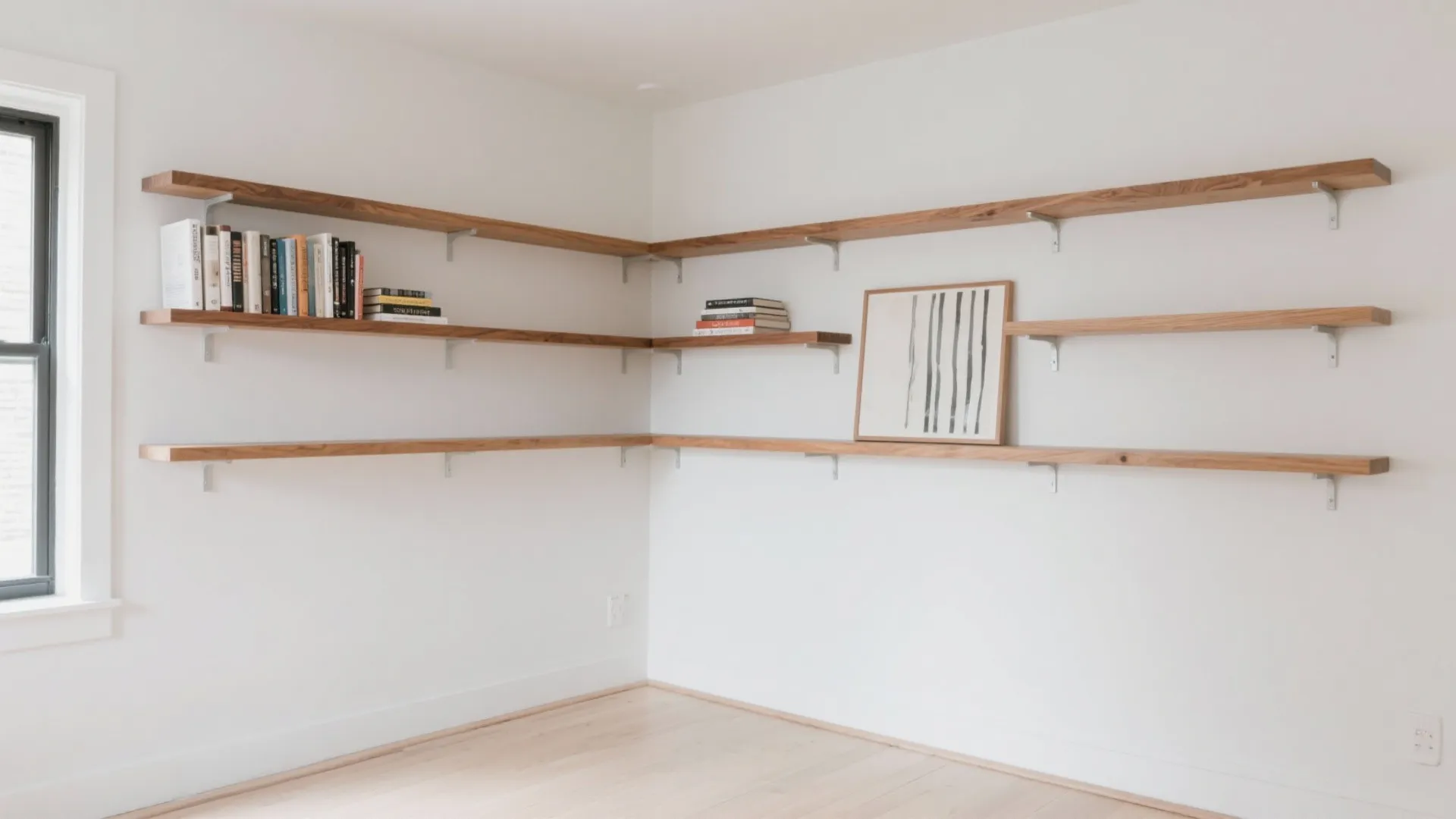 Wall-to-wall floating shelves (with purposeful negative space)