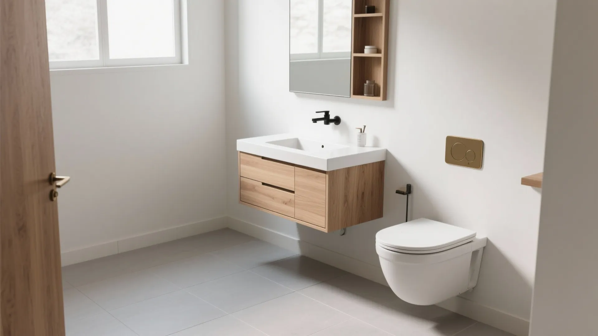Minimalist bathroom with wooden floating cabinet white sink toilet and natural light from large window