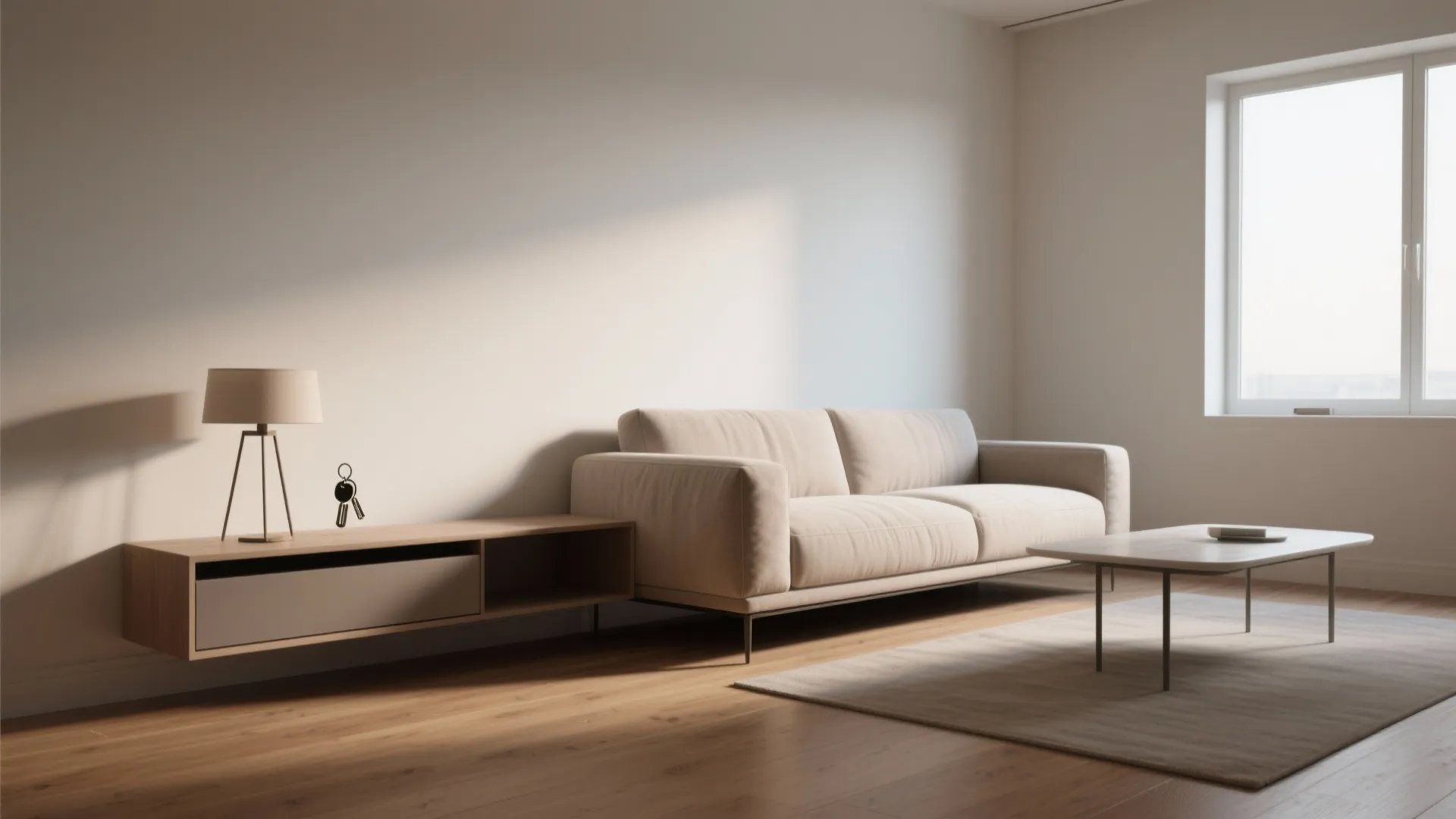 Minimalist living room with beige sofa wooden cabinet table lamp coffee table rug and window