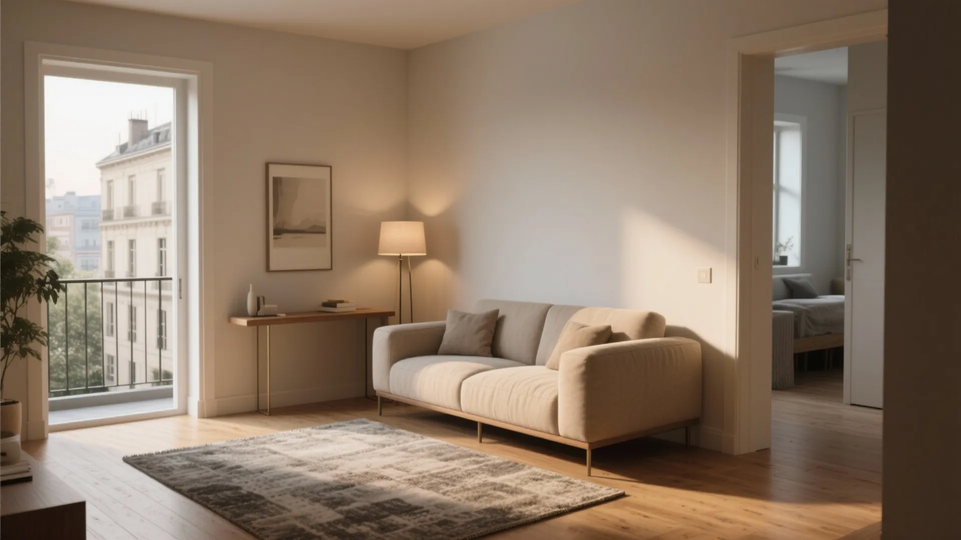 Minimalist living room with beige sofa floor light wooden floor and balcony view in sunlight