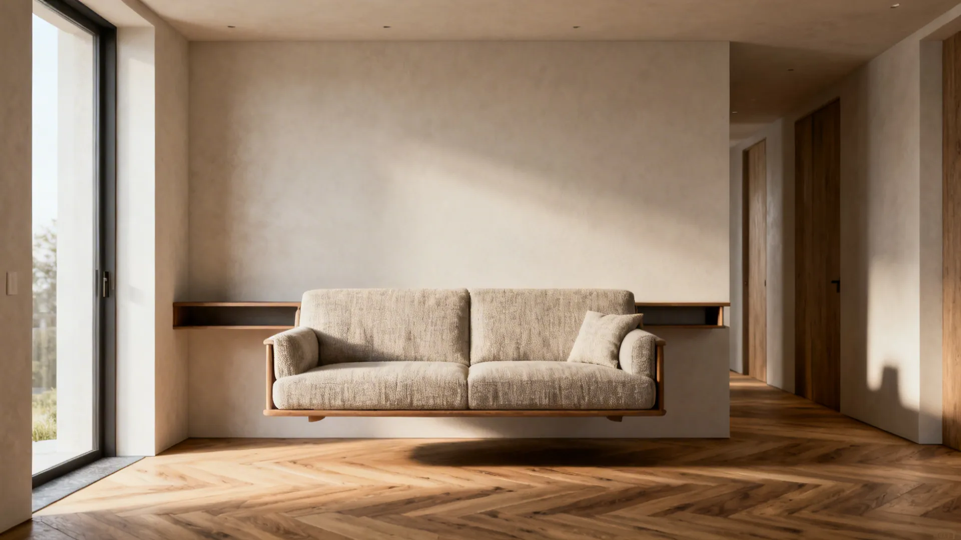 Floating sofa with a narrow console behind it, creating improved traffic flow in a small living room.