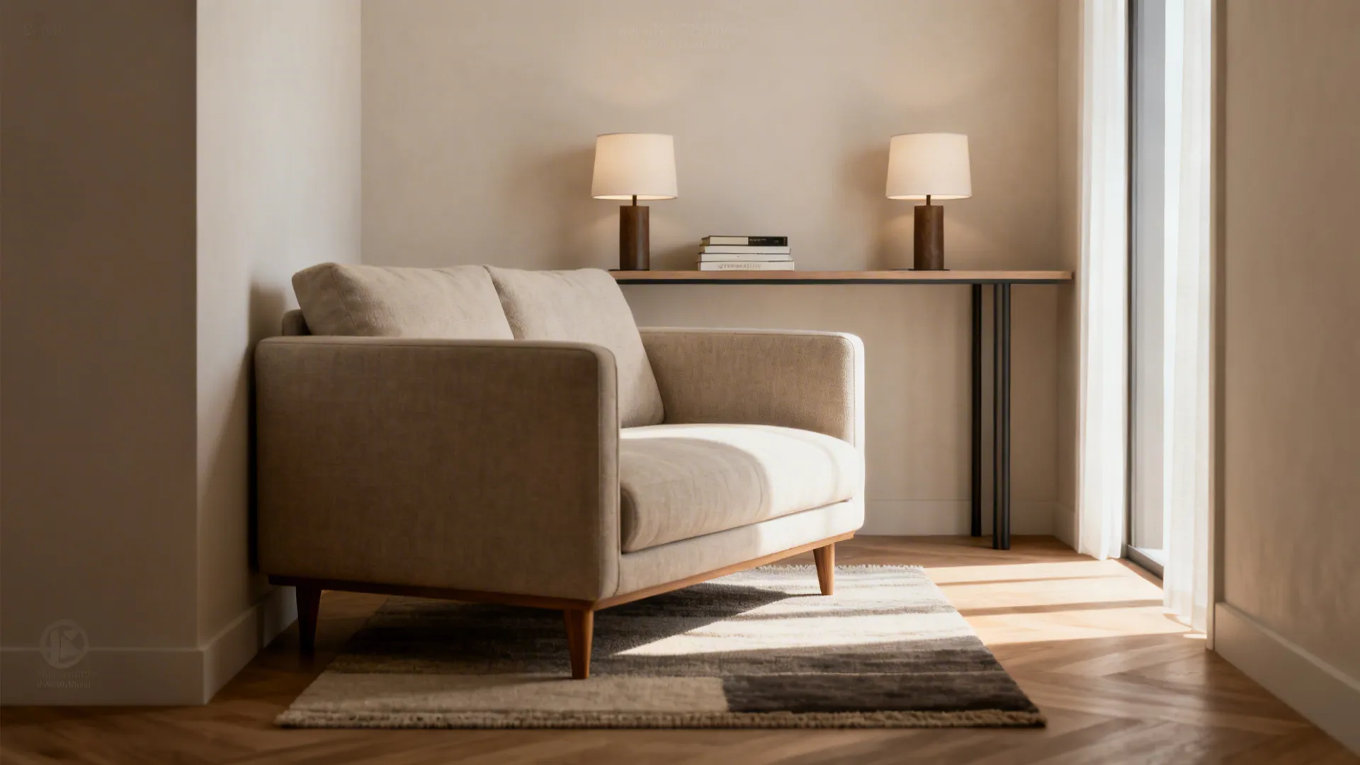 Beige sofa on a rug next to a window with two table lamps and books