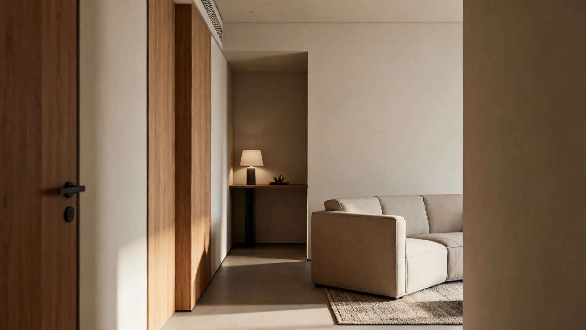 Sofa floated off the wall with a narrow console and rug defining the seating area.