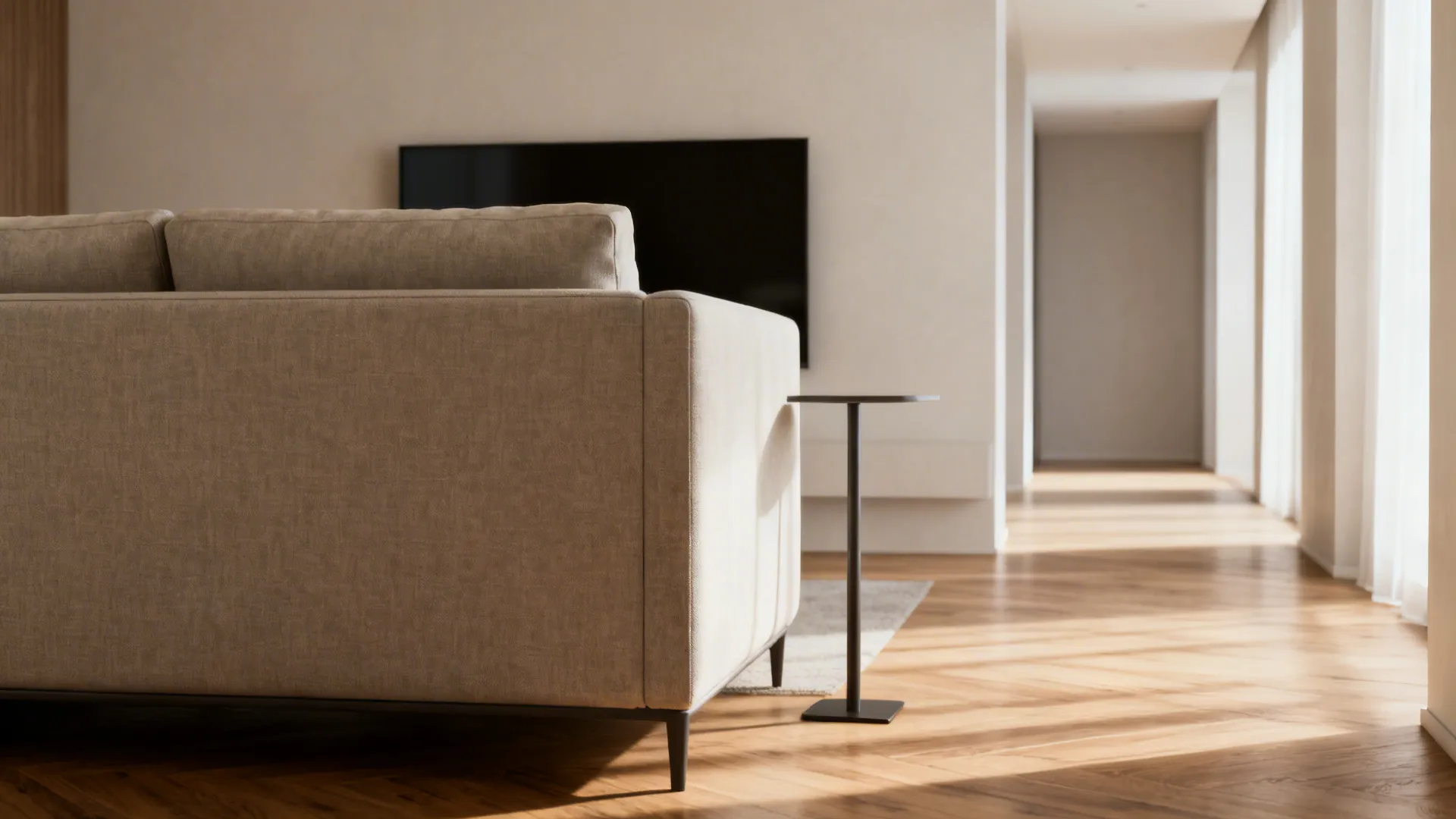 Sofa floated a few inches from the wall creating visible negative space and clearer depth.