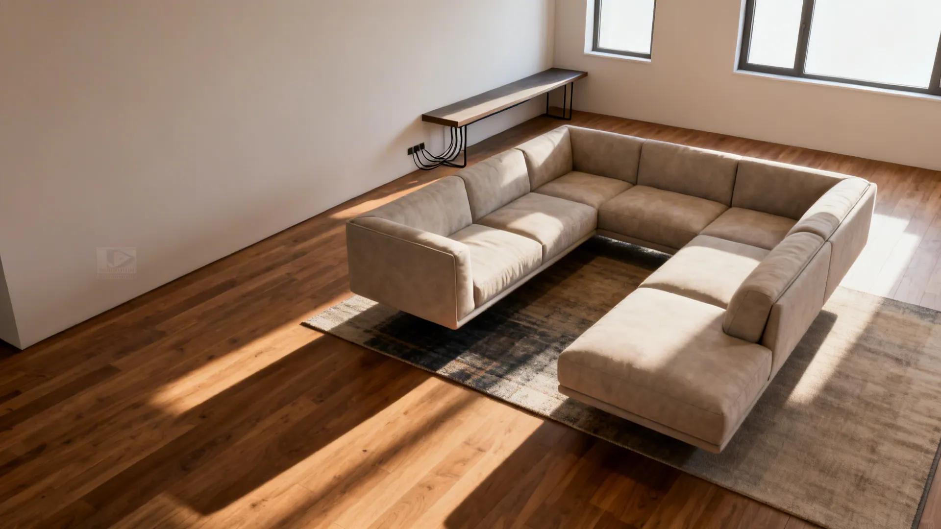 Beige U-shaped sofa floating on a rug in a bright living room with warm floors