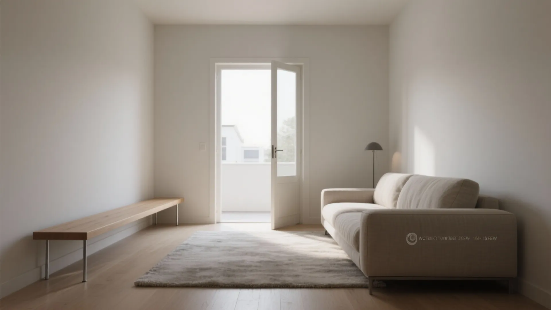 Minimalist white living room with beige sofa long wooden bench rug and open glass balcony door
